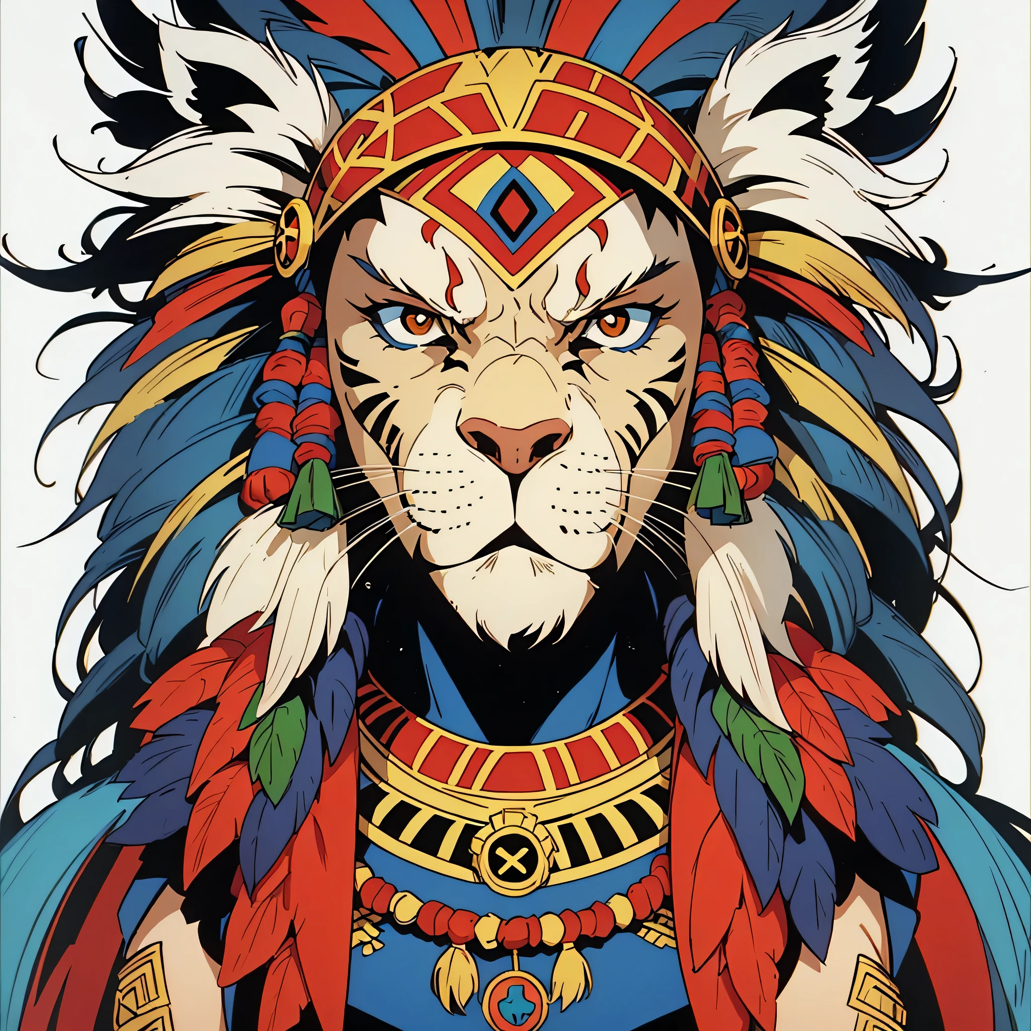 a close up of a lion wearing a headdress with feathers, lion warrior, best on adobe stock, lion head, highly detailed vector art, stunning art style, vector art style, king of the jungle, lion, half lion, full of colors and rich detail, native american art, with the mane of a lion, adobe illustrator art, highly detailed illustration, indian((X-men TaS Style)), retro artstyle,90s comic book style,Marvel Comics，X-men the Animated Series