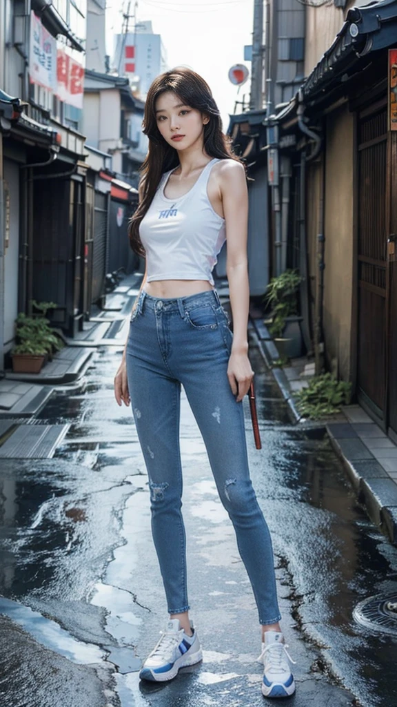 ８ｋ,Realistic skin texture、Superrealism、Realistic photos、Korean women、、Stand with a Japan sword、Stand up to your full height.、Tank top, Skinny Tight Blue jeans、sneakers、Shinjuku back alley、Innovative Configuration、Full body photo、、A melancholic look、rain