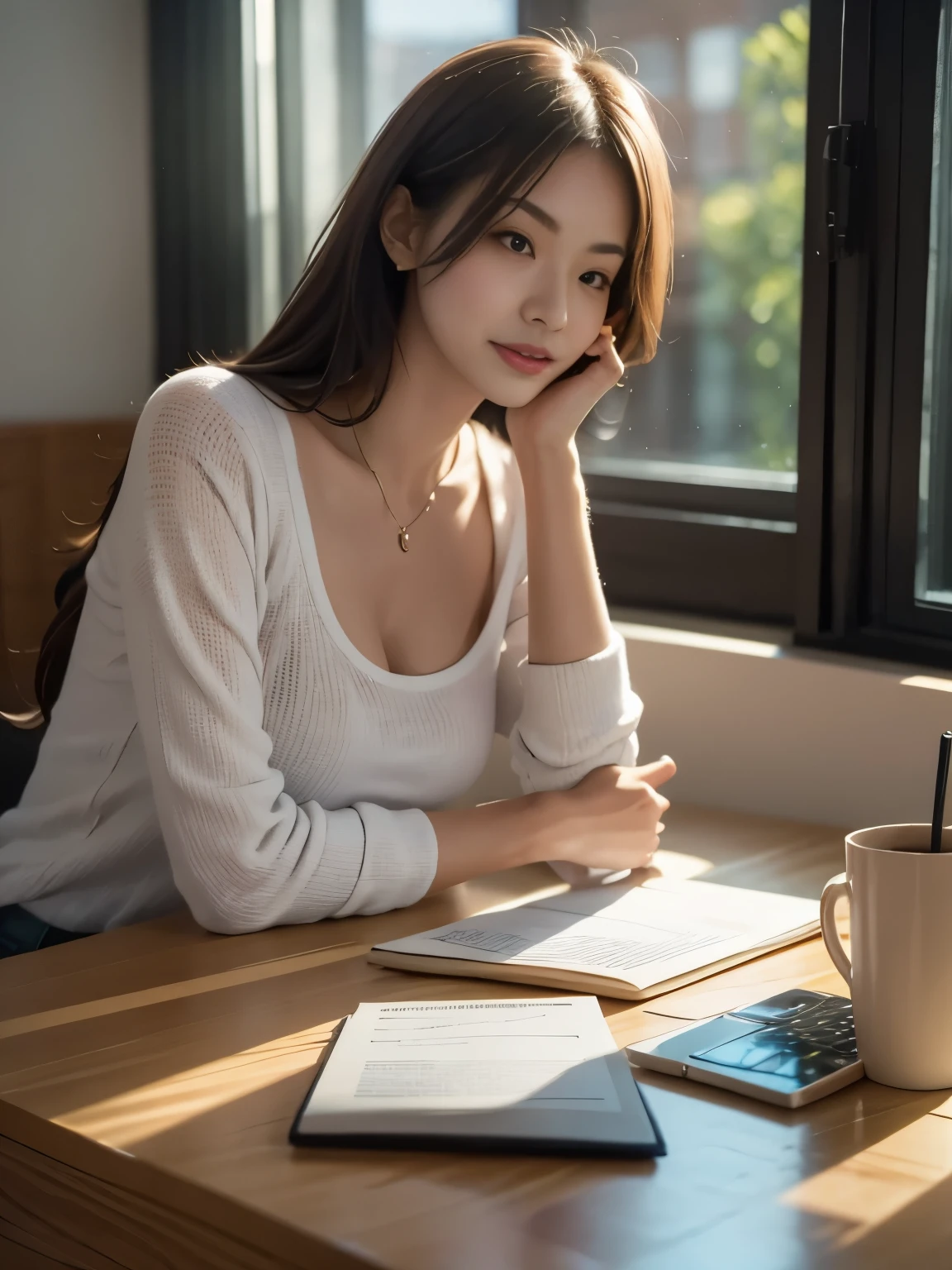 misakiai, tiny breasts, (Masterpiece: 1.3), (8k, Photorealistic, RAW Photo, Best Quality: 1.4), young woman working at her desk in a cozy office space, focused expression as she types on her laptop, wearing a casual yet professional outfit: light blouse and jeans, a coffee cup nearby, soft morning light streaming in through large windows, casting gentle shadows, the atmosphere of a busy Monday morning, multitasking with notes and documents spread around, organized desk with pens, notepad, and a neatly arranged workspace, modern office with sleek design, productive and professional vibe, warm and inviting tones, capturing the energy and motivation of a fresh start to the workweek, cinematic lighting, high-resolution, perfect balance of light and shadow, peaceful yet bustling atmosphere
