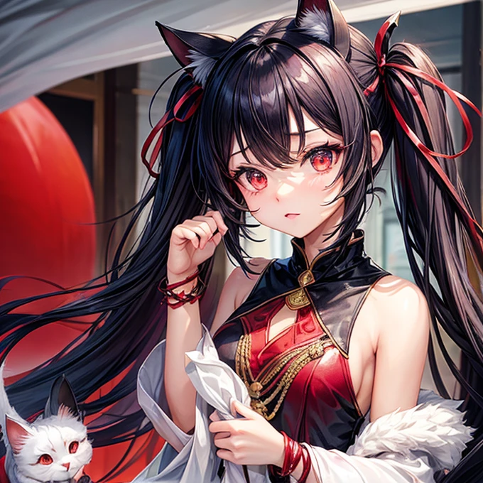 (((masterpiece))), (((best quality))), ((ultra-detailed)), (highly detailed CG illustration), ((an extremely delicate and beautiful)), cinematic light,((1girl)), solo, (character focus), black japanese Yukata with red details, high contrast, extreme detailed, colorful, highest detailed, science fiction, (black hair), red eyes, add detail, katana in chest, katana in hands, cat ears, cat tail, fight pose, red background, front of character.