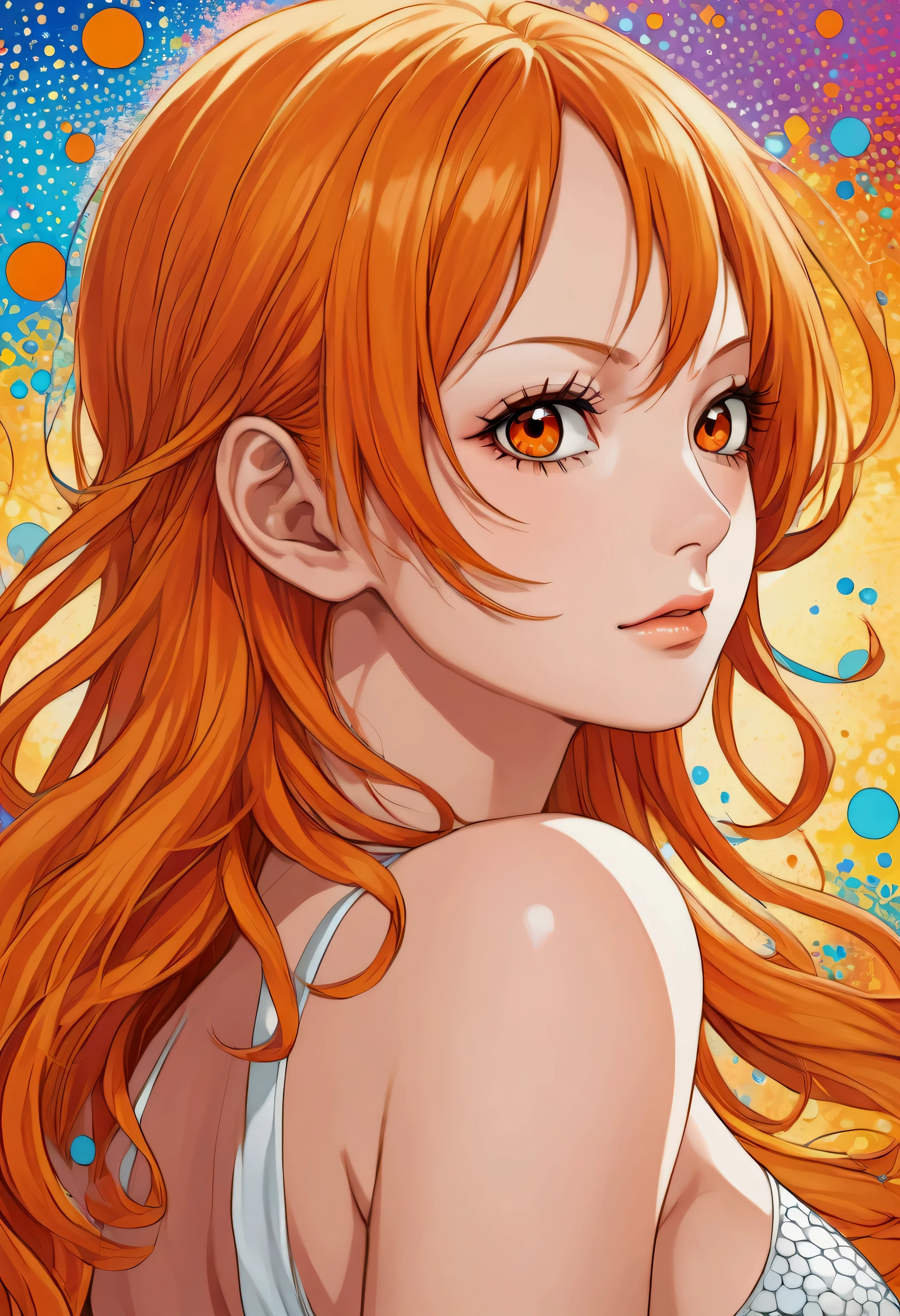 American Pop Art,Japanese Beauty, Nami, One Piece, Orange eyes, orange hair, Beautiful beady eyes, Manga Style,colorful,Face seen from an angle,Keiko Kitagawa Style,The background is dots
