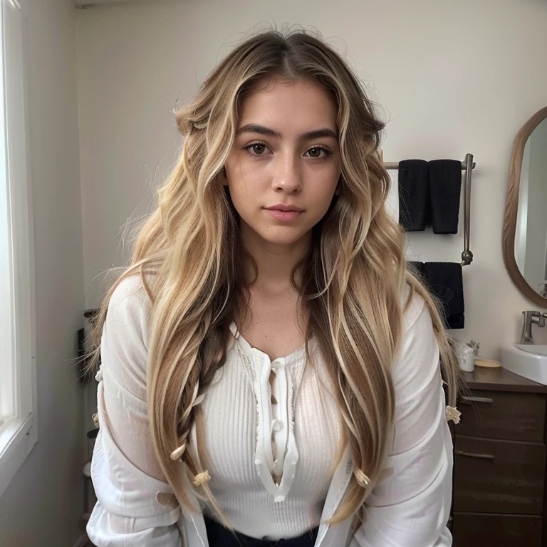 italiana hermosa from 17 years old, brown blonde ,rostro angelical y tierna , long hair hairstyle Semi updo with braid and thick waves blonde with light roots , in the bathroom with clothes ,(( foto realista de noche), ((pechos normales )),((rostro angelical)),((foto entera de cuerpo con ropa ),((blonde hair with roots )), ((ropa de noche), cabello rubio ,Ojos castanhos claros , cuerpo completo ,Realista, un  muy elegante, of celestial roots, rubia pelo, con ropa ,de noche,LUT de Instagram, from 17 years old.