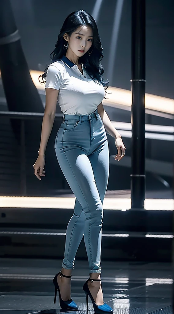 8k HD good quality image. Hot Korean woman has an ideal body, big breast, big butt, sexy wavy body, straight long hair, wearing blue tight polo, tight skinny blue jeans, and blue high heels. FULL BODY FROM HEAD TO TOE. FULL HEIGHT FROM HEAD TO TOE. 

The picture must show a complete head to toe picture of the hot Korean