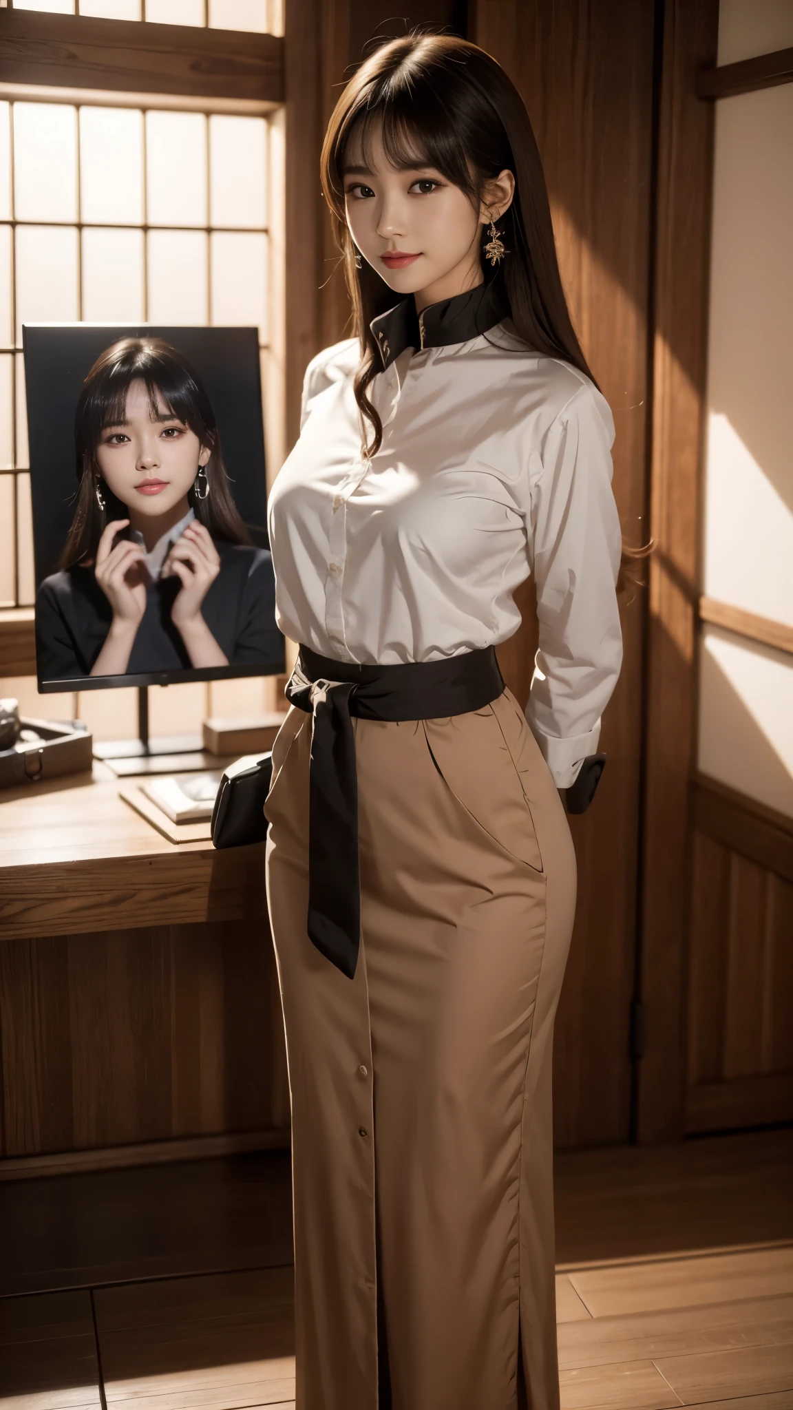 Standing Japanese woman、Hands behind back:1.5、1 person、Perfect beauty、university student、actress、Full body portrait、Small face、Precise and beautiful eyes、Medium build、Model-like proportions、Wearing a shirt、Wearing a skirt、Bright interior, light brown hair, crossed bangs, straight hair, floating hair, expressive hair, big hair, wide eyes, earrings, seductive smile, naughty, Verism, Surrealism, cinematic lighting, Fujicolor, tachi-e, first-person view, f/1.8, Nikon, UHD, anatomically correct, masterpiece, high details, award winning, best quality, highres, 16k,