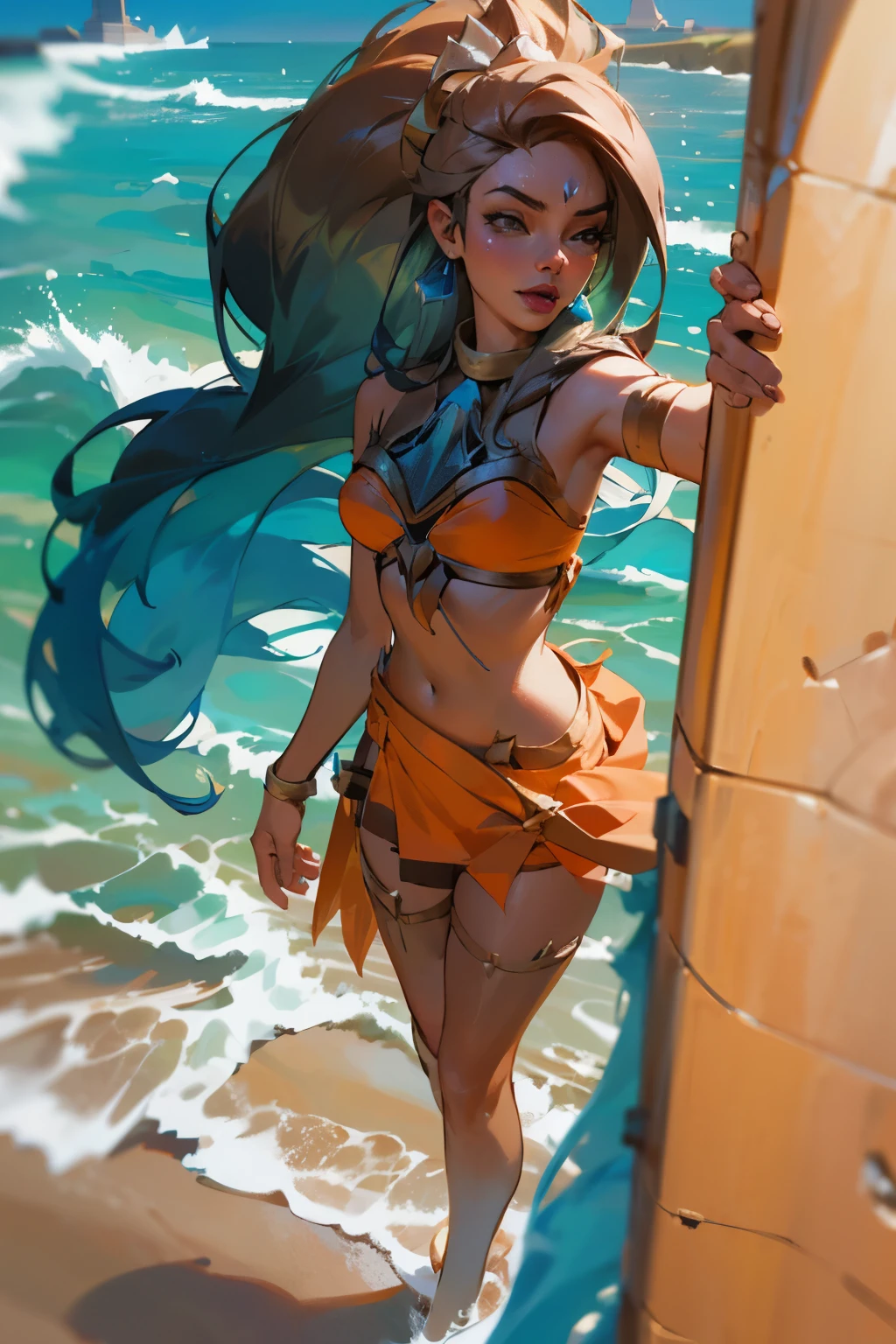 Ocean Song Nidalee League of Legends, long hair, whole body. high resolution, overview, super detail, 8k