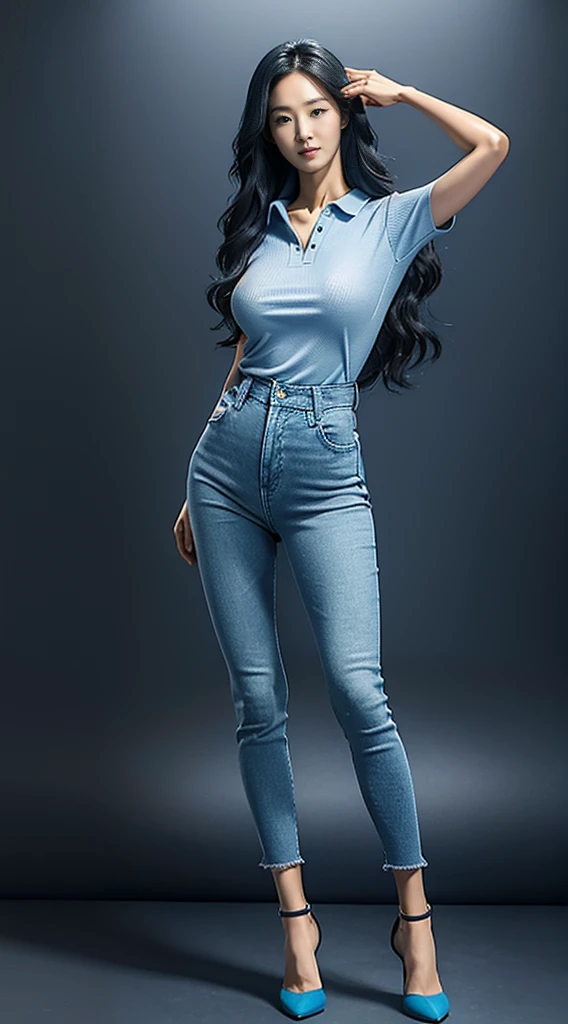 8k HD good quality image. Hot Korean woman has an ideal body, big breast, big butt, sexy wavy body, straight long hair, wearing blue tight polo, tight skinny blue jeans, and blue high heels. FULL BODY FROM HEAD TO TOE. FULL HEIGHT FROM HEAD TO TOE. 

The picture must show a complete head to toe picture of the hot Korean