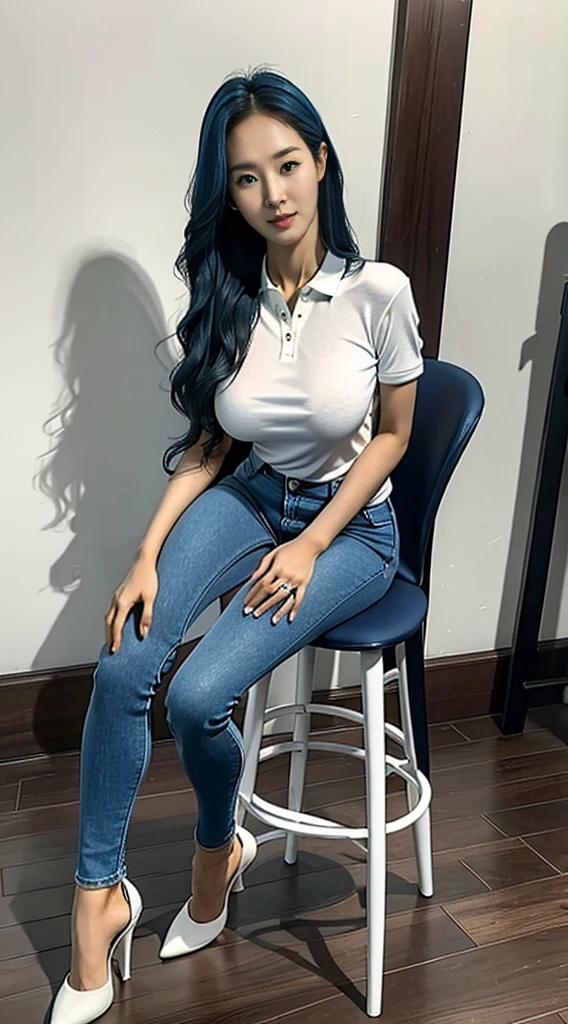 8k HD good quality image. Hot Korean woman has an ideal body, big breast, big butt, sexy wavy body, straight long hair, wearing blue tight polo, tight skinny blue jeans, and blue high heels. FULL BODY FROM HEAD TO TOE. FULL HEIGHT FROM HEAD TO TOE. 

The picture must show a complete head to toe picture of the hot Korean