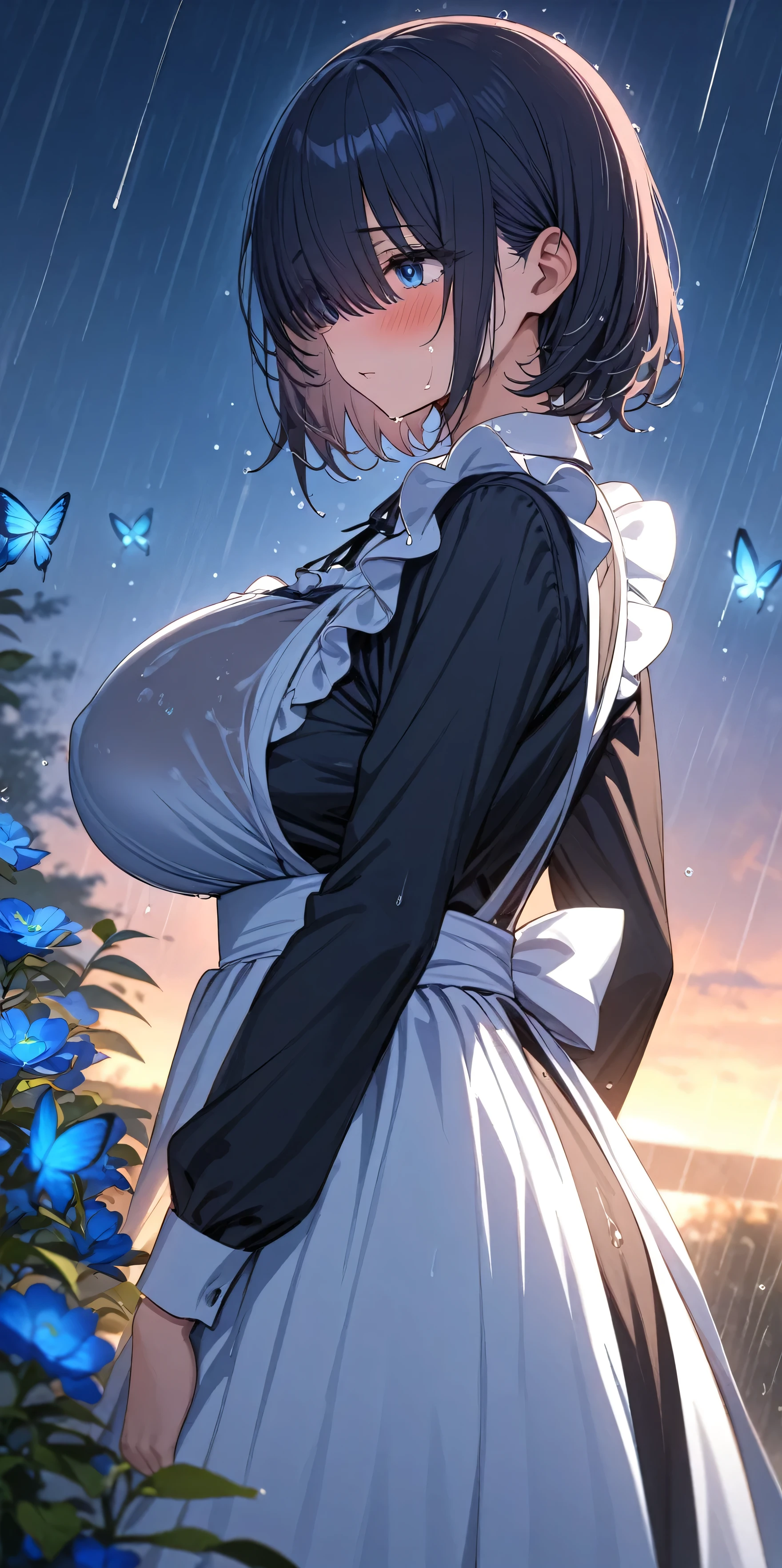 (masterpiece, Highest quality:1.2), 1girl, Black medium hair, (maid dress), growing light, ((blue eyes)), ((big breast)), light particles, long bangs, bangs, high detail, glowing light, bloom, standing, ((hair over eyes)), eyes visible through hair, back light, natural light, blush, mature, long sleeves, white background, rain, wet, dusk, blue flowers, blue butterflies