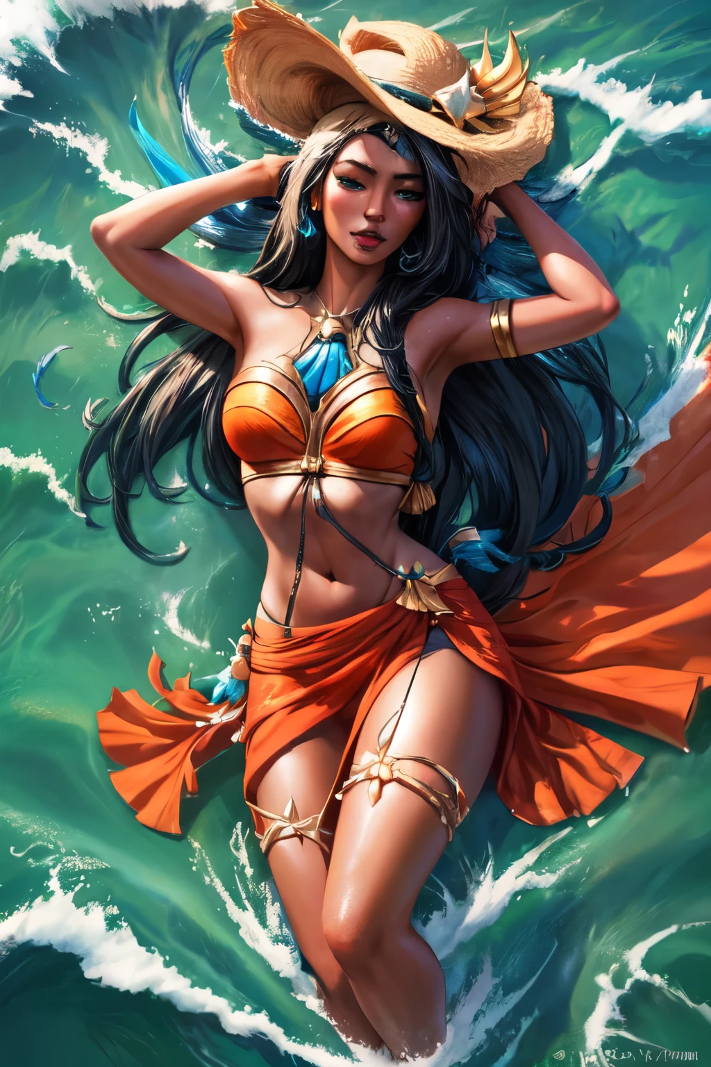 Ocean Song Nidalee League of Legends, long hair, whole body. high resolution, overview, super detail, 8k