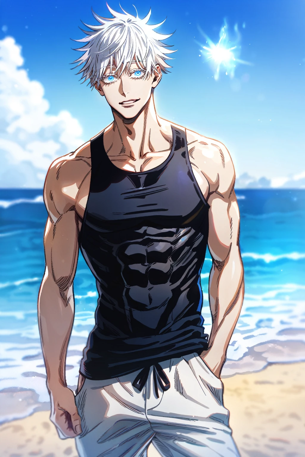 (and.z.-Young:1.1), (1boy:1.0), (male focus:1.3), (独奏:1.1), Solo Focus,
Masterpiece, ((Exquisite_Detail)), illustartion, (a handsome), extremely_Detailed_computer graphics, Orange Eyes, orange hair, Simple background, torso, Naked, Sexy, beach background, Flushed, white  shirt, torso, Black boxers,  hard