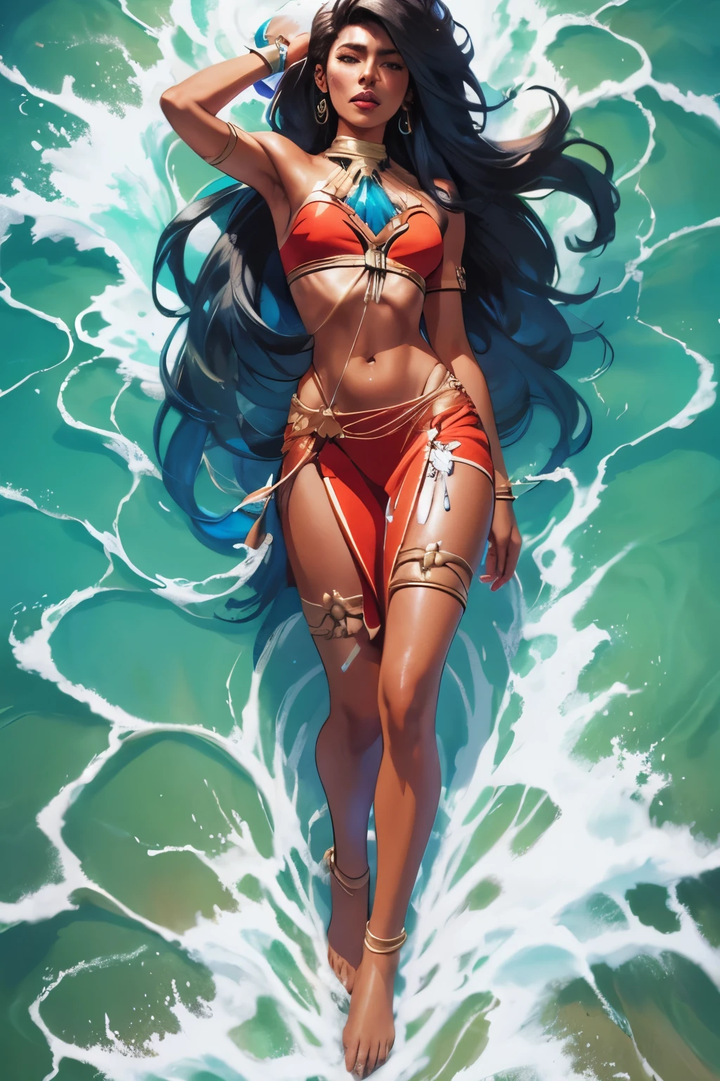 Ocean Song Nidalee League of Legends, long hair, whole body. high resolution, overview, super detail, 8k