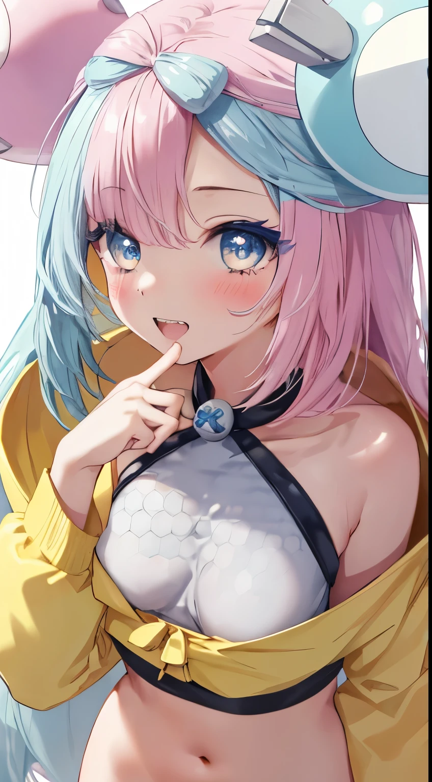 (Close-up of face), (Looking up), ルビーのMr.な美しい瞳, Down blouse,  cute, Open your mouth Pokemon_Jonah, Jonah, Nanjamo, ((Nipple Contour)), (((Blowjob gestures))), ****, , throw, (nsfw), kawaii,blush, smile, Highly detailed eyesと顔,  Highly detailed eyes, Ultra-realistic 8k CG，masterpiece, ,（（Detailed background，繊細な模Mr.，Intricate details, Detailed and beautiful eyes）），The best quality in the best condition，Very very very detailed face, Flat Chest, Lovely Heart Background, Water Drop, masterpiece of the highest quality, High resolution, 
Jonah, pokemon_Jonah, Taunt, lure, Mr.々A pose, Round hair ornament, Long Hair, Long Hair, Pink and light blue hair,  Jagged teeth, belly button,  Yellow hoodie, Large size hoodie, 1 girl, whole body,Olympic, Looking into the camera, 1 girl, , software, High resolution,masterpiece of the highest quality, ,1 girl