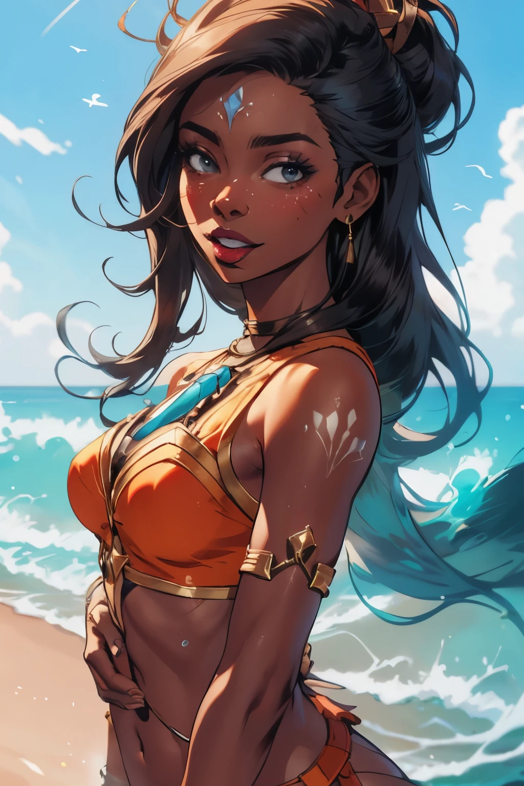 Ocean Song Nidalee League of Legends, long hair, whole body. high resolution, overview, super detail, 8k