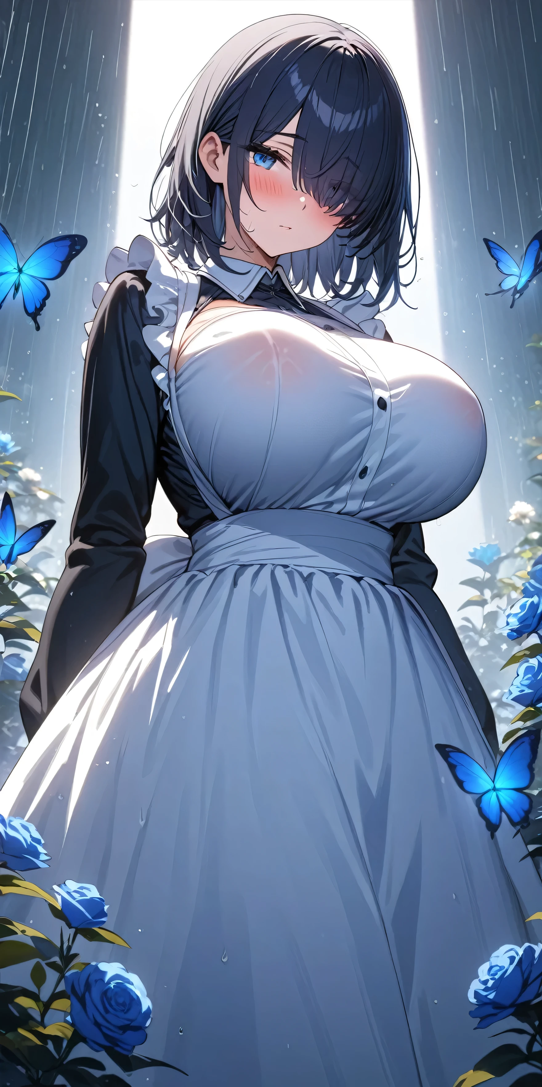 (masterpiece, Highest quality:1.2), 1girl, Black medium hair, (maid dress), growing light, ((blue eyes)), ((big breast)), light particles, long bangs, bangs, high detail, glowing light, bloom, standing, ((hair over eyes)), eyes visible through hair, back light, natural light, blush, mature, long sleeves, white background, rain, blue flowers, blue butterflies