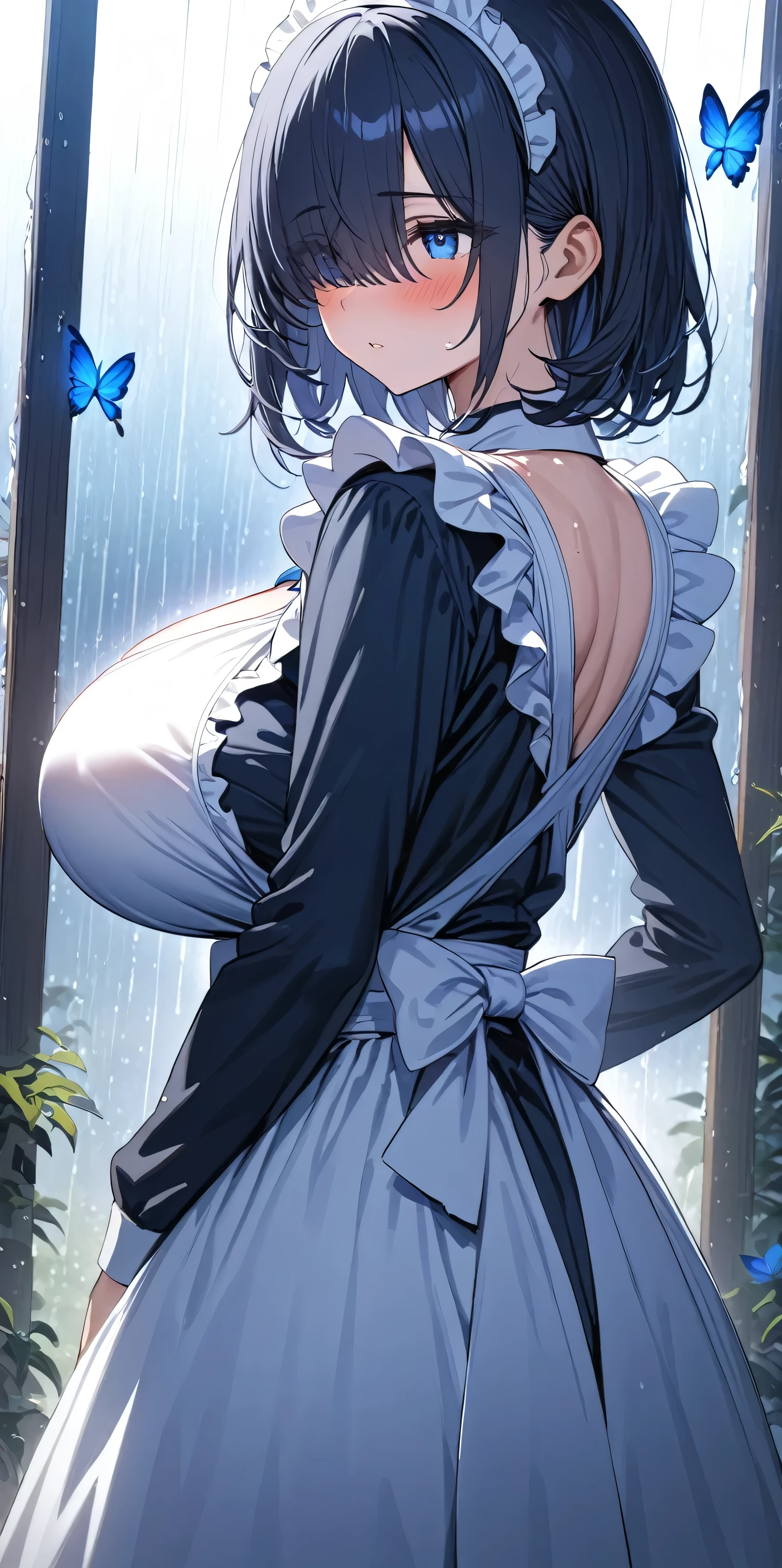 (masterpiece, Highest quality:1.2), 1girl, Black medium hair, (maid dress), growing light, ((blue eyes)), ((big breast)), light particles, long bangs, bangs, high detail, glowing light, bloom, standing, ((hair over eyes)), eyes visible through hair, back light, natural light, blush, mature, long sleeves, white background, rain, blue flowers, blue butterflies