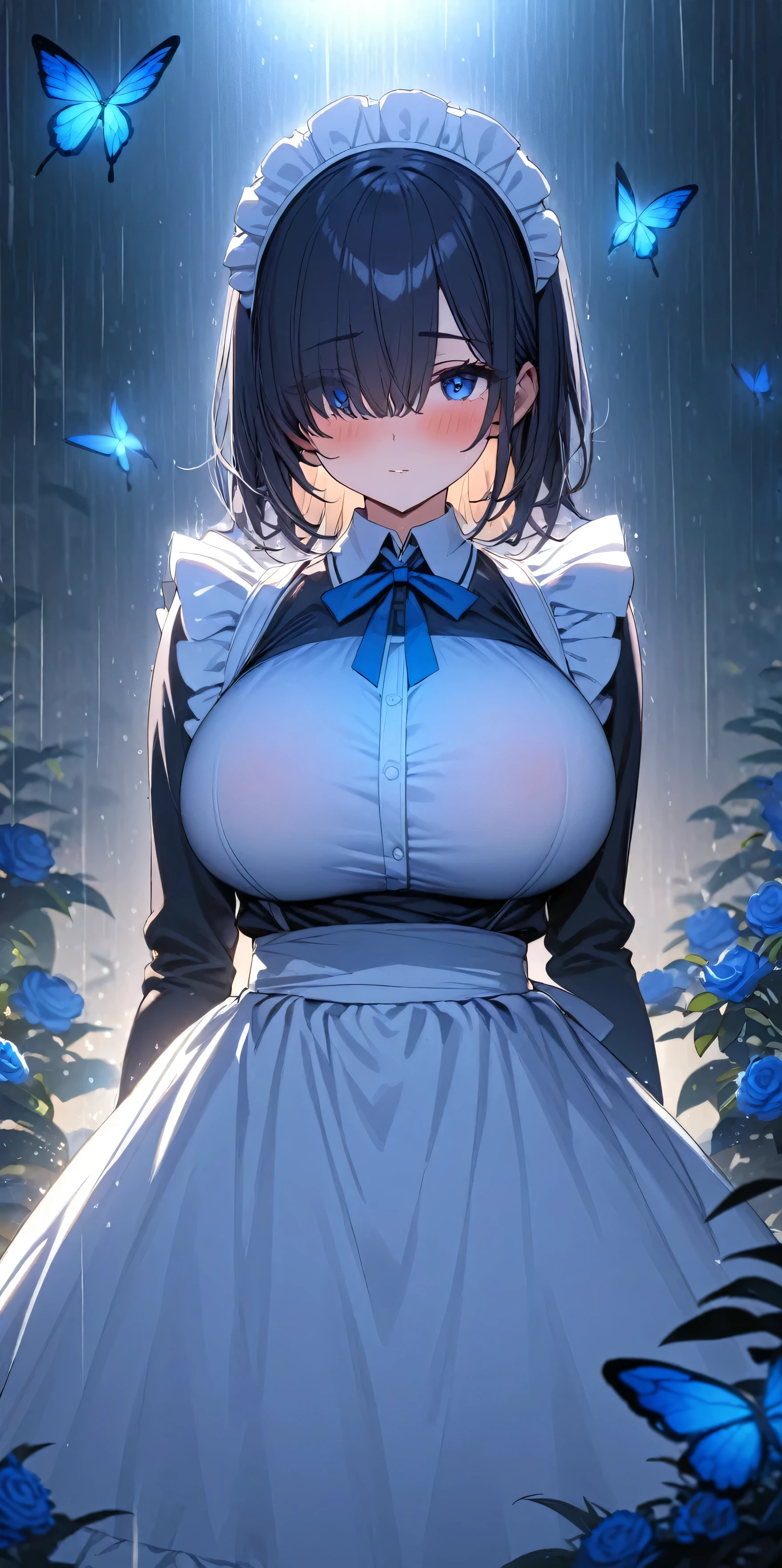 (masterpiece, Highest quality:1.2), 1girl, Black medium hair, (maid dress), growing light, ((blue eyes)), ((big breast)), light particles, long bangs, bangs, high detail, glowing light, bloom, standing, ((hair over eyes)), eyes visible through hair, back light, natural light, blush, mature, long sleeves, white background, rain, blue flowers, blue butterflies