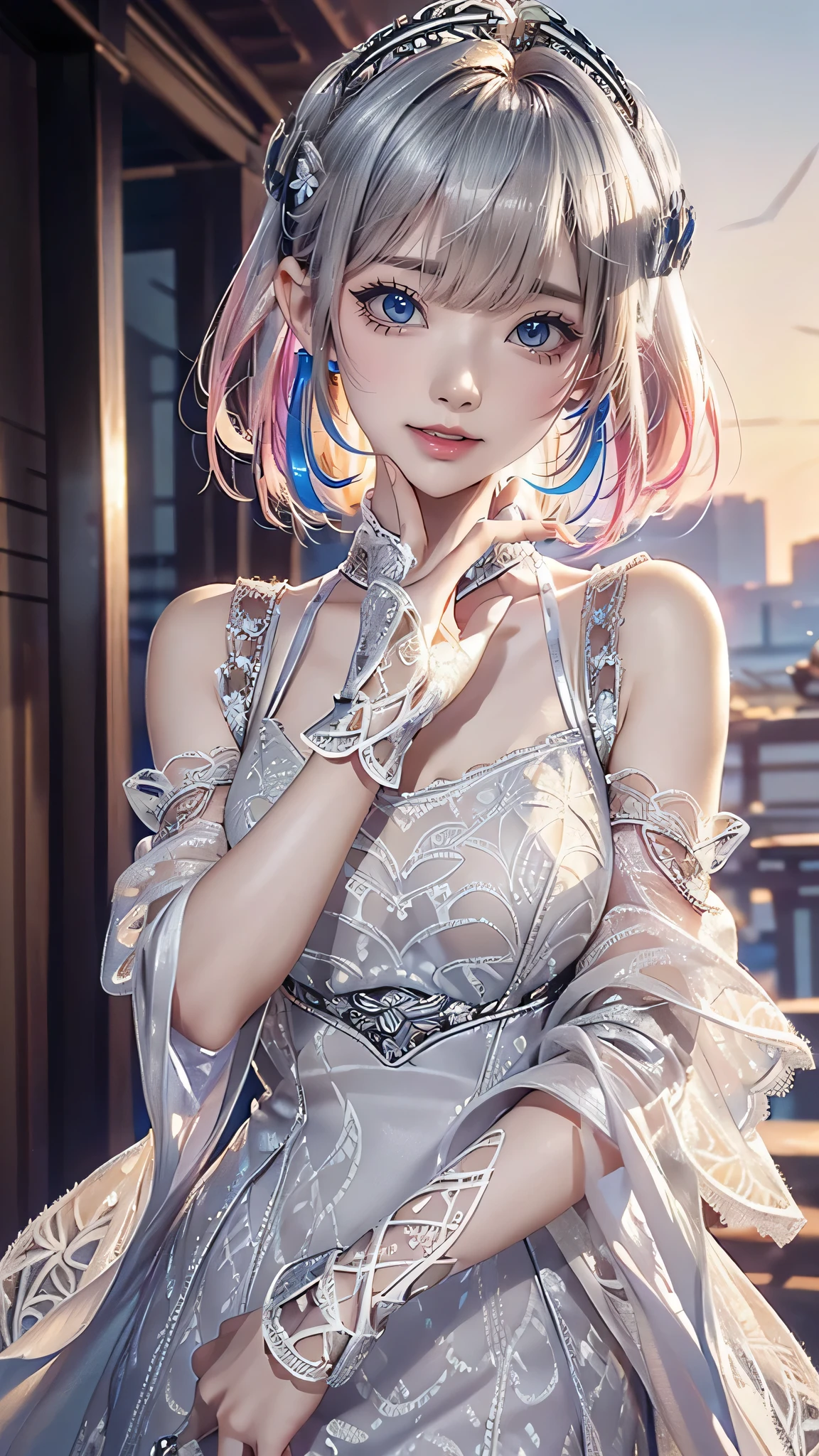 hair bobbles, wince, long eyelashes, solid circle eyes, light smile, ear blush, fang, (((white hair))), makeup, blush, sad, sad smile, anaglyph, atmospheric perspective, 8k, super detail, accurate, best quality, glow lighting, masterpiece,1girll, ((((short twintails)))), Colorful hair, flying, pink bows,(((((((16-year-old female model)))))), (angel halo) , (((close-up))), eye level shot, (((lolita dress))), (((wide shot))), ((((( color splash ))))),(((solo))))
