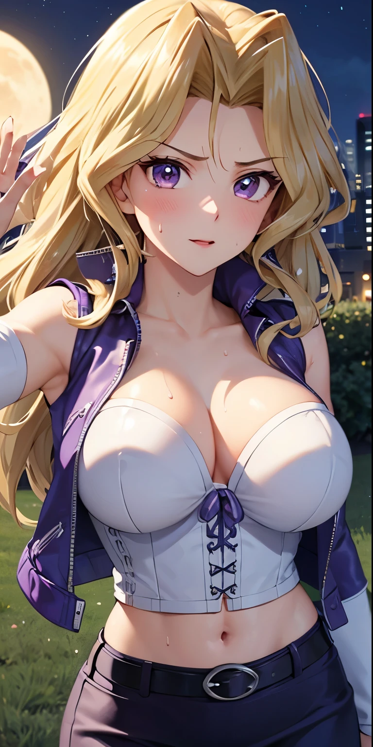 1 Female,High definition,high resolution,Ultra-realistic,8K, 8K, kujaku mai, blonde hair, purple eyes, breasts, blush, skirt, long hair, large breasts, elbow gloves, white gloves, navel, cleavage, detached sleeves, midriff, belt, vest, crop top, bustier,European,sexy,Upper body close-up,Photographed from the front,Dynamic Angles,(blush), big tits , happy, wink the eye,facial, sweat, outdoors, moonlight, night, waving,upset,(pov, closed shot:1.2)