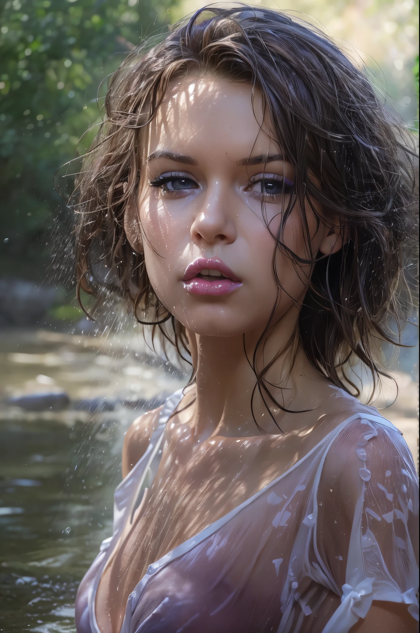 Top Quality, Masterpiece, High Resolution, 8k, (((skinny girl in oversized synthetic see-through shirt with low neckline and very tight hotpants, wide neckline, small perky breasts, beautiful detailed eyes, no lipstick, extremely detailed face, pixie asymmetrical hair cut, small hips, in a small park, standing in a river, wet fabric, behind back))), renatadaninsky