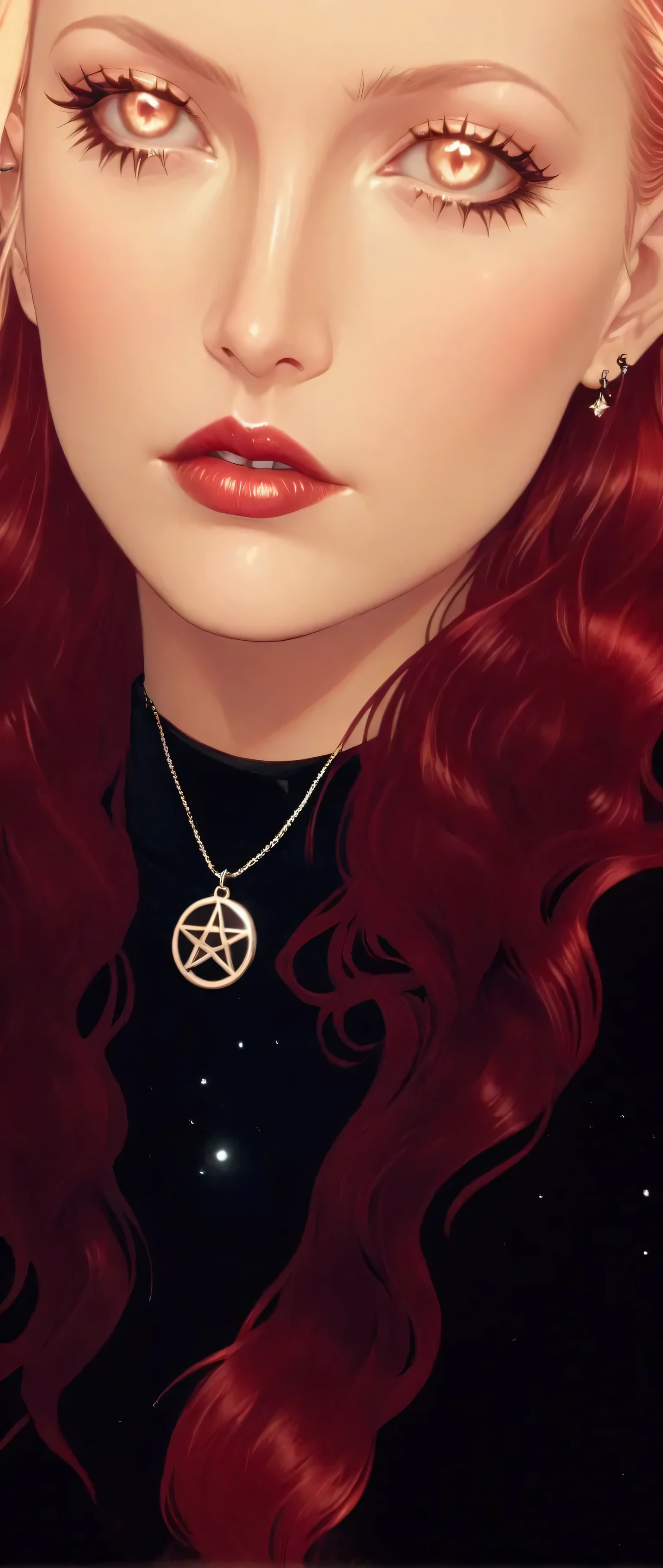 there is a woman with a red fur coat and a necklace, pentacle, wearing several pendants, wicca, ✨🕌🌙, occult jewelry, witchy, goth aesthetic, goth girl aesthetic, pentagram, wiccan, pentagrams, profile image, holding a pentagram shield, with a spooky filter applied, wearing psychedelic wicca, occult aesthetic