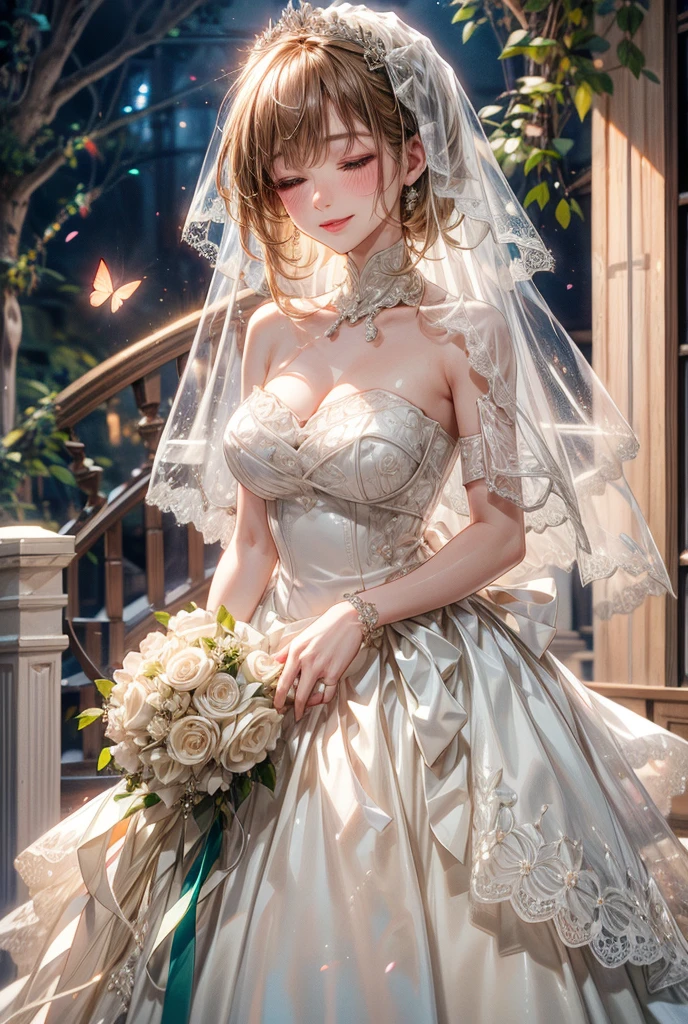 1girl, short blonde hair with flipped ends, sheath silhouette skims, wedding dress, lacy sleeves, ball gown wedding dress, soft red lips,  butterflies flying in the background, magical, wedding veil, closed eyes, smiling