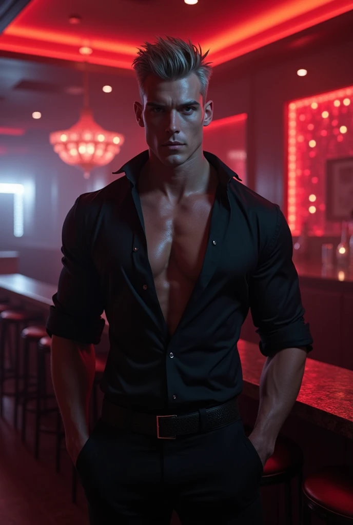 Generate a demon,who is a stripper.
The man is tall and thin.He works at a gay nightclub..He is wearing a short blouse with a large neckline.,a short black skirt and black tights.Ma to być chłopaka