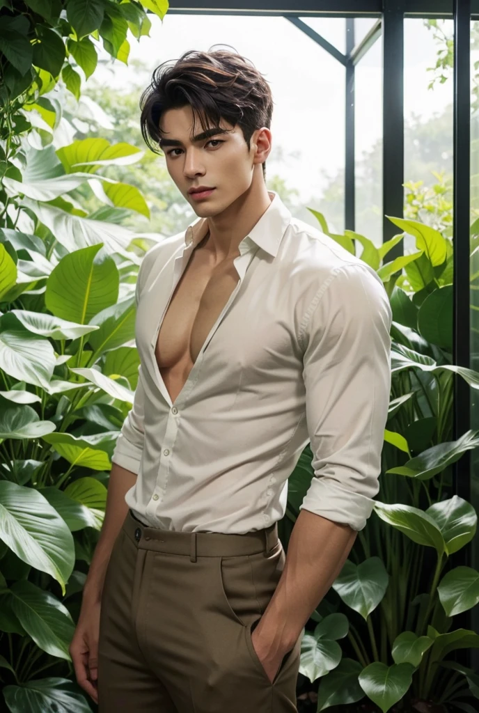 Create a mesmerizing and photorealistic image capturing the essence of Taurus through a handsome male model. Set amidst a tranquil oasis of verdant foliage and blooming flowers, the model exudes sensuality and strength as he lounges amidst the luxurious surroundings. His attire, a skimpy and sexy fusion of earthy tones and opulent fabrics, reflects the Taurus penchant for both comfort and indulgence. Every detail, from the soft play of light filtering through the leaves to the delicate textures of petals beneath his touch, transports viewers into a world of earthly delights and unbridled sensuality, evoking the timeless allure of the zodiac's most indulgent sign.