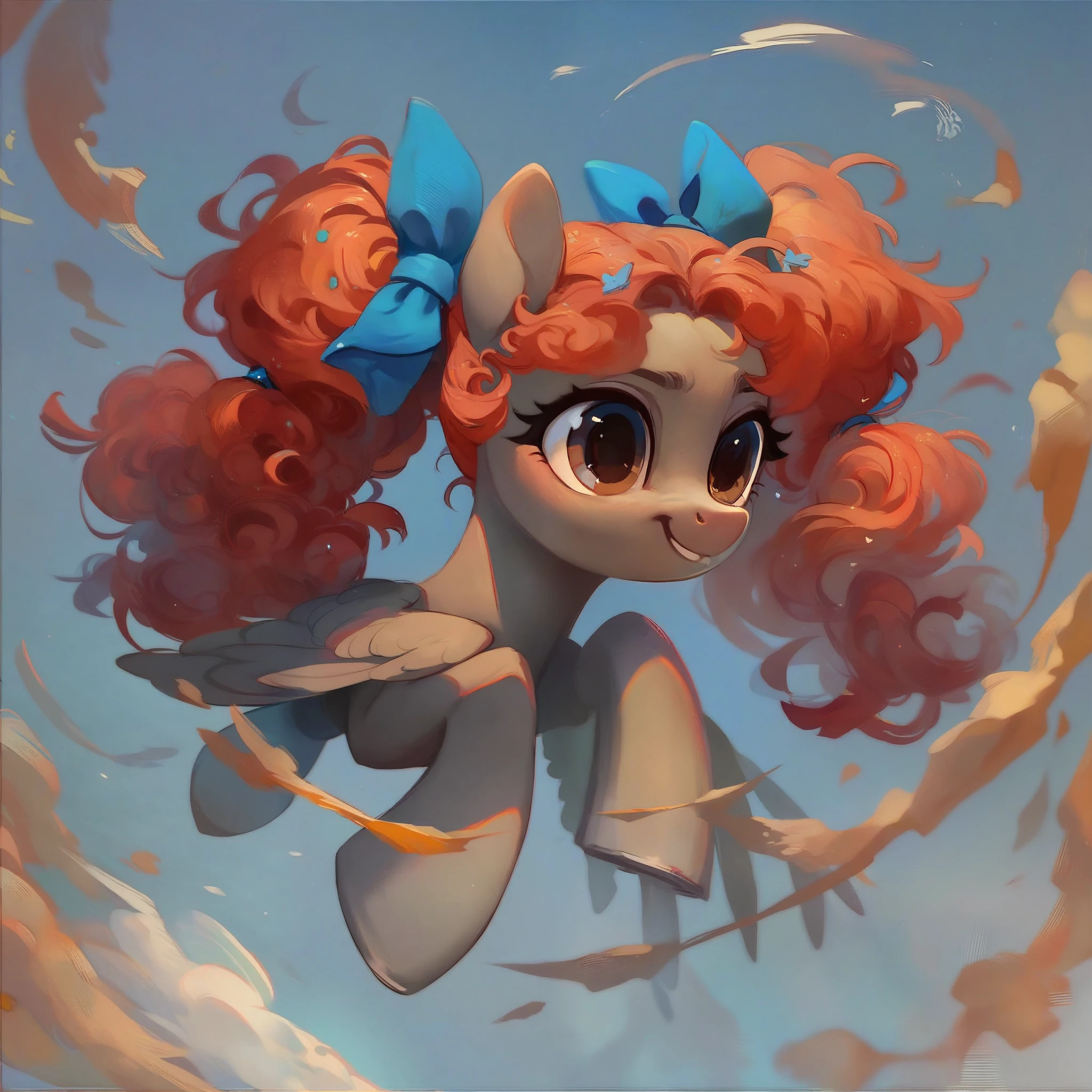 source_pony, rating_safe, female, pegasus, skin grey steel, dark brown eyes, twintails, red hair, blue bows in the hair, cutiemark, full length portrait, anatomically correct, 