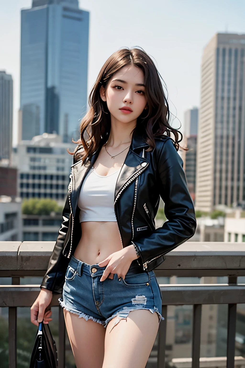 ((medium breast, tomboy girls, small head)), daylight, sunlight, (chiseled abs : 1.1), (perfect body : 1.1), (short wavy hair : 1.2) , auburn hair, collar, chain, full body shot, crowded street, wearing black tanktop, jeans jacket, ((shorts)), (extremely detailed CG 8k wallpaper), (an extremely delicate and beautiful), (masterpiece), (best quality:1.0), (ultra highres:1.0),  beautiful lighting ,perfect lightning, realistic shadows, [highres], detailed skin, ultra-detailed