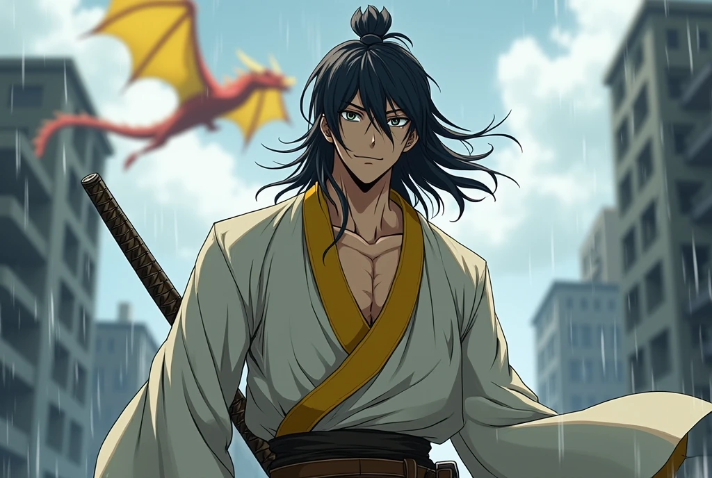 Realistic male anime character for the shounen genre. He carries a sword in his waist sheath.. Dress in shades of white, yellow and grey. Eyes imitating Demon slayer style, very slightly cat-like. The Bleach-like mouth with a sinister smile. The nose like dragon ball. Long hair,negro, collected in a samurai x style . The blurred background is a destroyed city, In the sky flies a yellow and red dragon. It's raining and the ground has little water