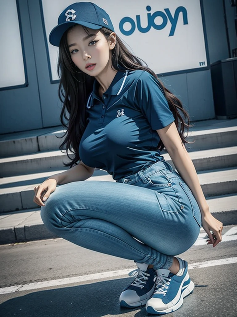 8k HD good quality image. Hot Korean woman has an ideal body, big breast, big butt, sexy wavy body, wavy long hair, wearing blue baseball tight polo, tight skinny blue jeans, blue baseball cap, and blue sneakers. FULL BODY FROM HEAD TO TOE. FULL HEIGHT FROM HEAD TO TOE. 

The picture must show a complete head to toe picture of the hot Korean