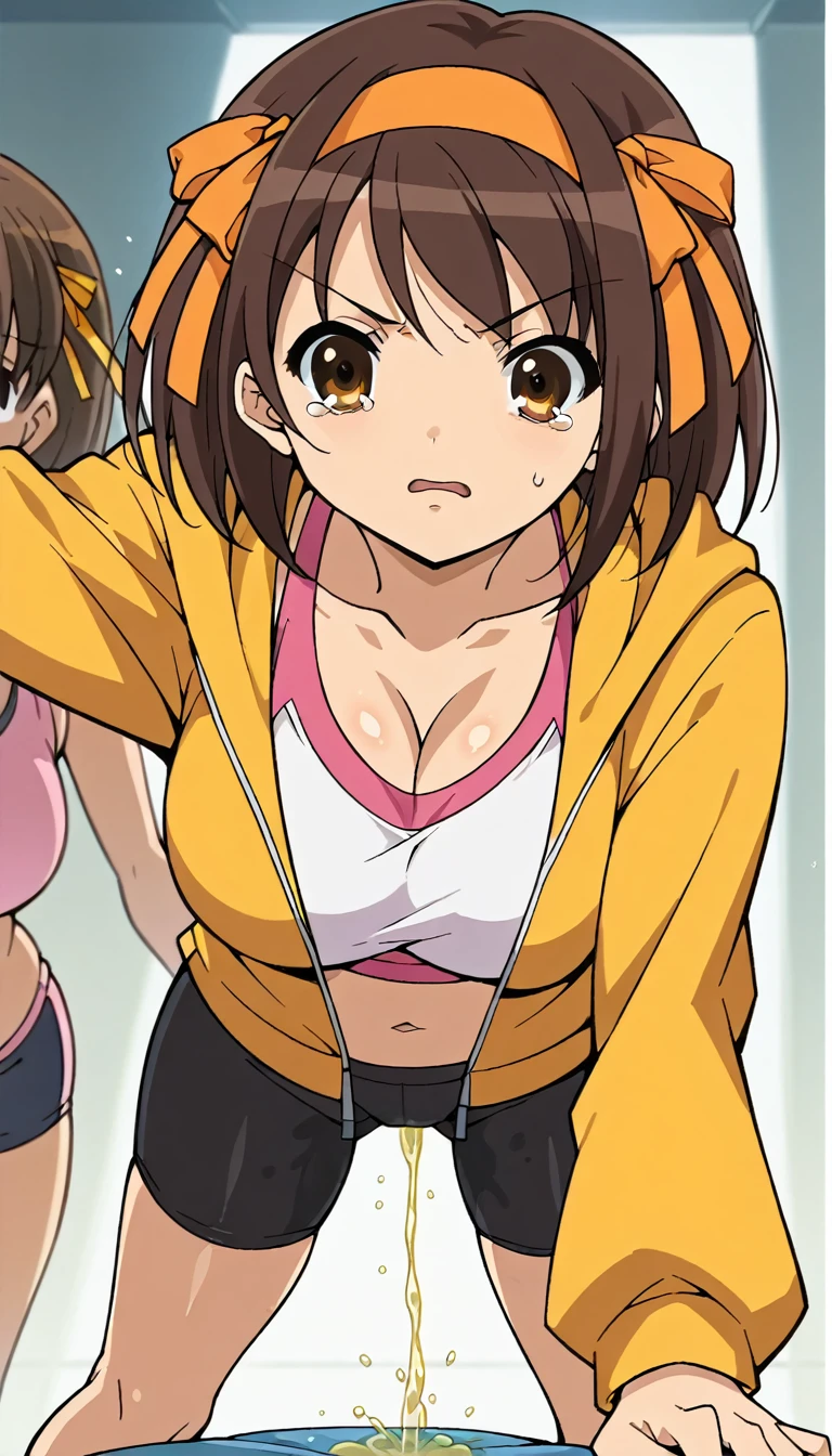 Score 9, Score 8 up Score 7 up, The evaluation is questionable,
Detailed Background, Shiny skin,Haruhi Suzumiya, short hair, brown hair, brown eyes, hair band, medium hair, ribbon, hair ribbon,navel, jacket, bike shorts, sports bra, yellow jacket, Hoodie, collarbone, long sleeves, white sports bra, white bike shorts, pink sports bra, pink bike shorts,One Woman,Not enough people,whole body,thin,Teary-eyed,Embarrassing,Anime Style,high quality,masterpieceHighly detailed,Huge breasts,Butt,Looking between your legs,lbl,looking through Legs, is, bent over, looking at viewer, top-down bottom-up, bent over, Legs, standing,Pee,Urinating
