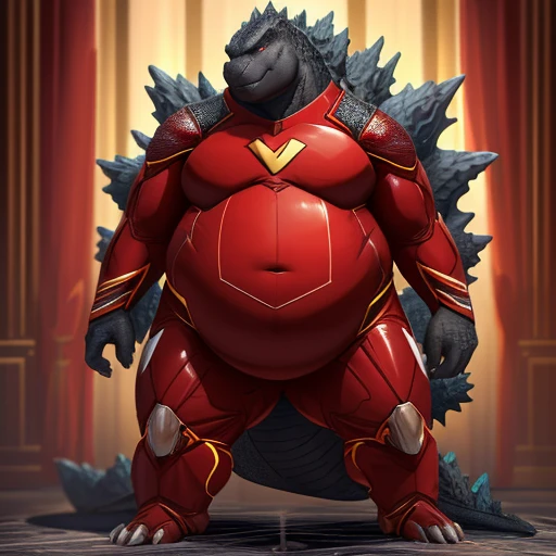 (solo:1.3) fat muscular (godzilla:1.3), (elegant red superhero suit:1.5) (armored suit:1.6), (pudgy obese belly:1.3)  (legs spread:1.5), (bedroom:1.5) (standing on floor:1.4), 8k, 1080P, masterpiece