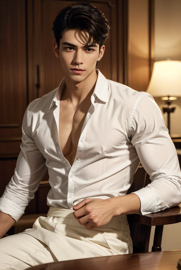 Sexy man, male in a white shirt and tan pants sitting on a chair, big chest, anime handsome man, handsome anime pose, handsome guy, male anime character, human male character art, handsome stunning realistic, anime portrait of a handsome man, clothed in white shirt, (best quality)), ((masterpiece)), (detailed)