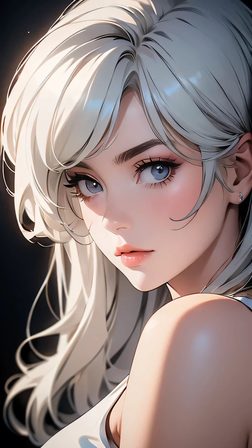 ((Masterpiece)), envision a 8k, highres, cinematic, extremely beautiful semi realistic close up portrait of a beautiful mature lady with a mature face, curvy body, ((fluffy white hair)), blush, frown, flustered, side locks, choppy bangs, round face, long sweeping bangs, deep dark blue eyes, soft lips, lip gloss, thick eyebrows, round face, ((((1girl)))), in dark lighting, against a dark gray background