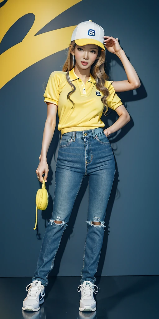 8k HD good quality image. Hot Korean woman has an ideal body, big breast, big fat butt, sexy wavy body, wavy long hair, yellow hair, wearing blue baseball tight polo, tight skinny blue jeans, blue baseball cap, and blue sneakers. FULL BODY FROM HEAD TO TOE. STANDING IN A FULL HEIGHT FROM HEAD TO TOE. 

The picture must show a complete head to toe picture of the hot Korean