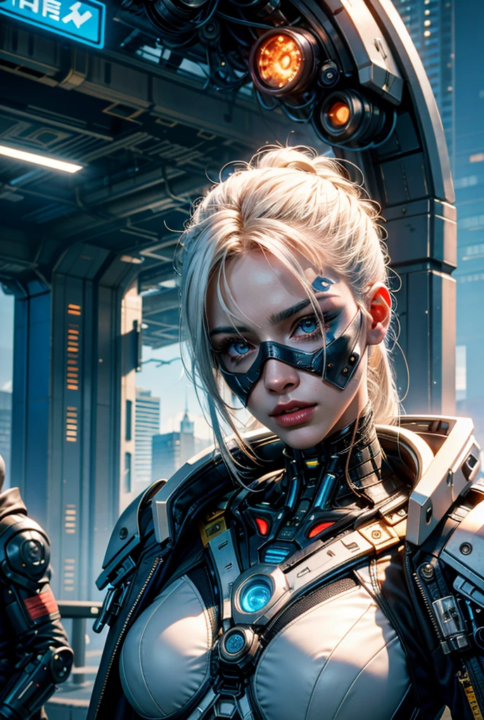 there are two robots standing next to a woman in a green shirt, movie still of a villain cyborg, death and robots, cyborg zombie, movie still of aztec cyborg, still from the movie terminator, dieselpunk cyborgs, zombie cyborg, movie still of a alien cyborg, retrofuturistic female android, movie still of a cyborg, horror science fiction --auto --s2