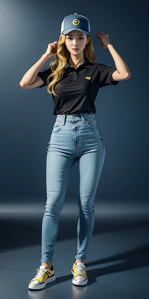 8k HD good quality image. Hot Korean woman has an ideal body, big breast, big fat butt, sexy wavy body, wavy long hair, yellow hair, wearing blue baseball tight polo, tight skinny blue jeans, blue baseball cap, and blue sneakers. FULL BODY FROM HEAD TO TOE. STANDING IN A FULL HEIGHT FROM HEAD TO TOE. 

The picture must show a complete head to toe picture of the hot Korean