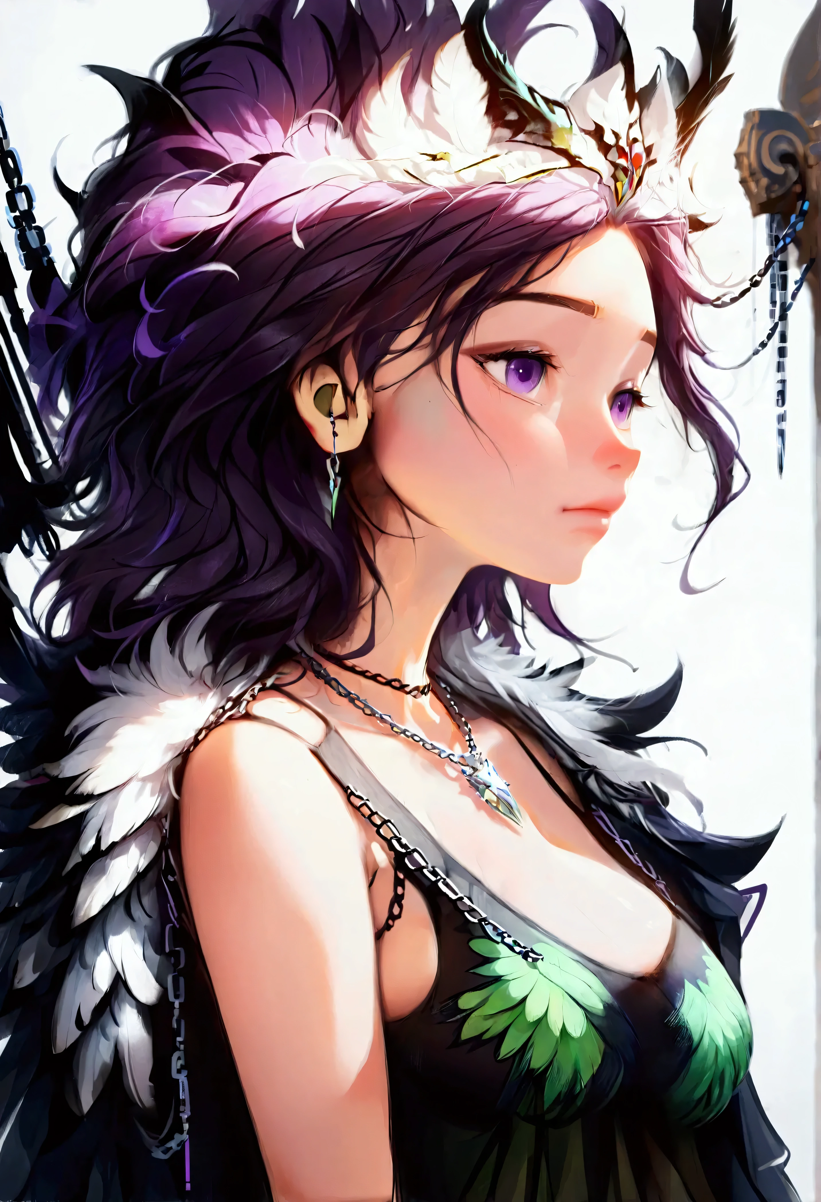 ((girl: short hair , dark purple hair , white skin , greenish purple eyes , big breasts , a lot of bust , purple painted nails)) ( Clothes : feather poncho negras de cuervo, feather poncho, poncho made of feathers completely filled with feathers, modern baggy pants in purple and black , chain necklace , chains on his body, abdomen free and visible ) ( bottom : pink edges , rectangle in the blue and purple center with a throne of bones ) ( greenish violet eyes hyperrealism) ( pose : posing for photography from the side , one wool covering his face and the other on his chest , Crying a lot , many tears, blushing with a lot of sweat, many tears en el rostro )