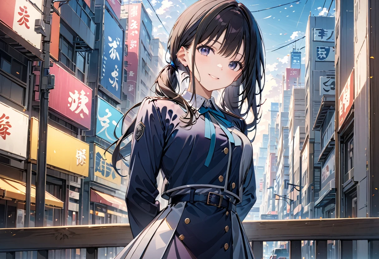 masterpiece, best quality, illustration, 8k wallpaper, city, AND masterpiece, best quality, illustration, 8k wallpaper, blue_jacket,  low twintails, purple eyes,black hair,,smile, arms behind back,