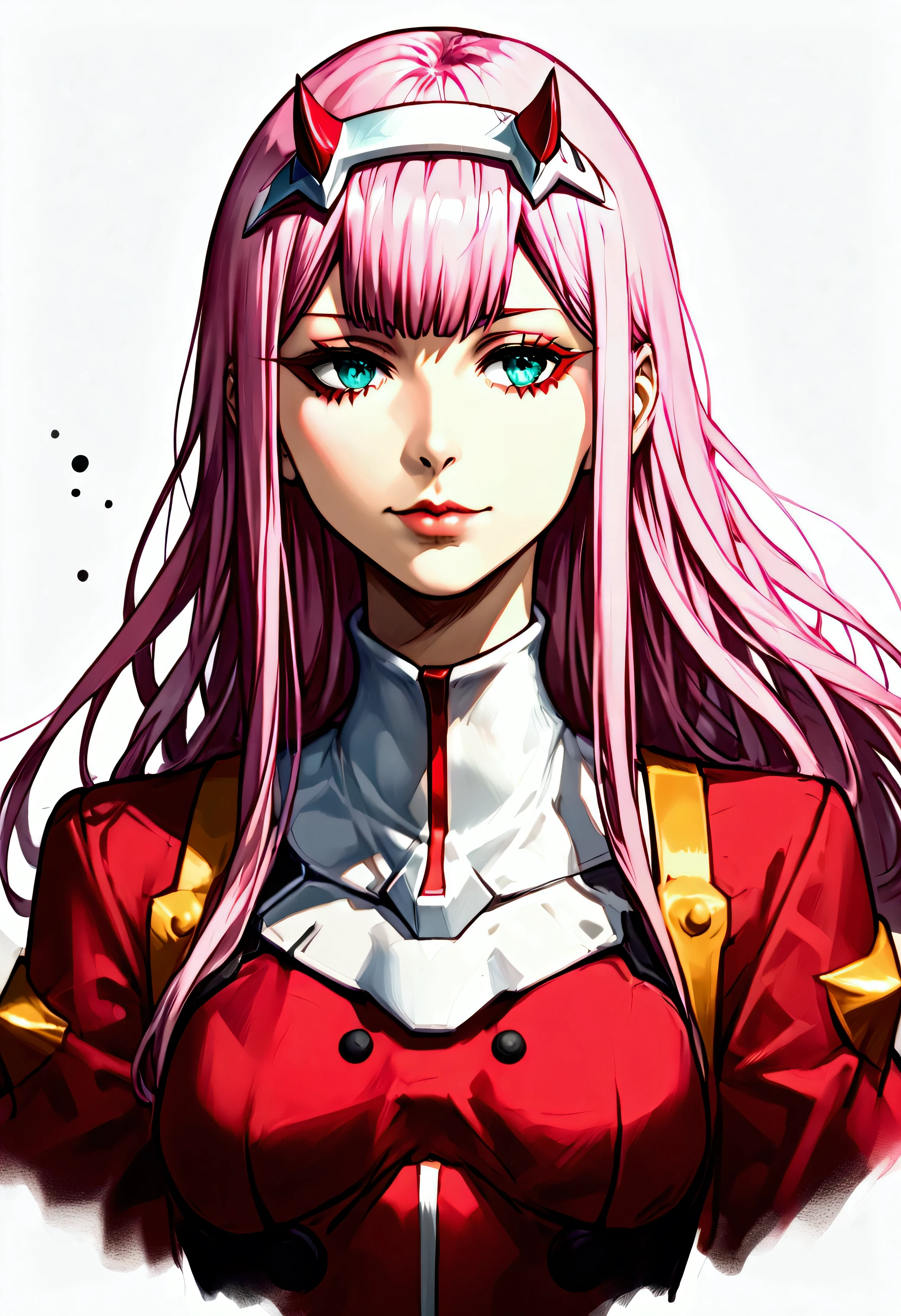 American Pop Art,Japanese Beauty, Zero Two, Darling in the Franxx, aqua eyes, pink hair, Beautiful beady eyes, Manga Style,colorful,Face seen from an angle,Keiko Kitagawa Style,The background is dots
