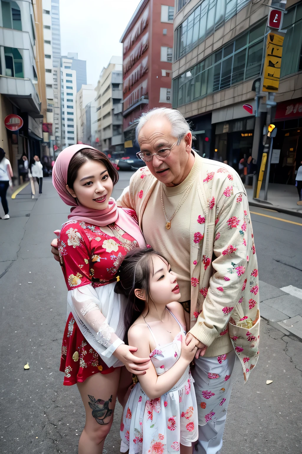 Korean beautiful young girl couple with old man, young girl as wife, Old man as her husband, young girl hug Old man, Young girl wearing Red Hijab flower pattern, young girl red lips, Young girl with old man naked stands in street city building.