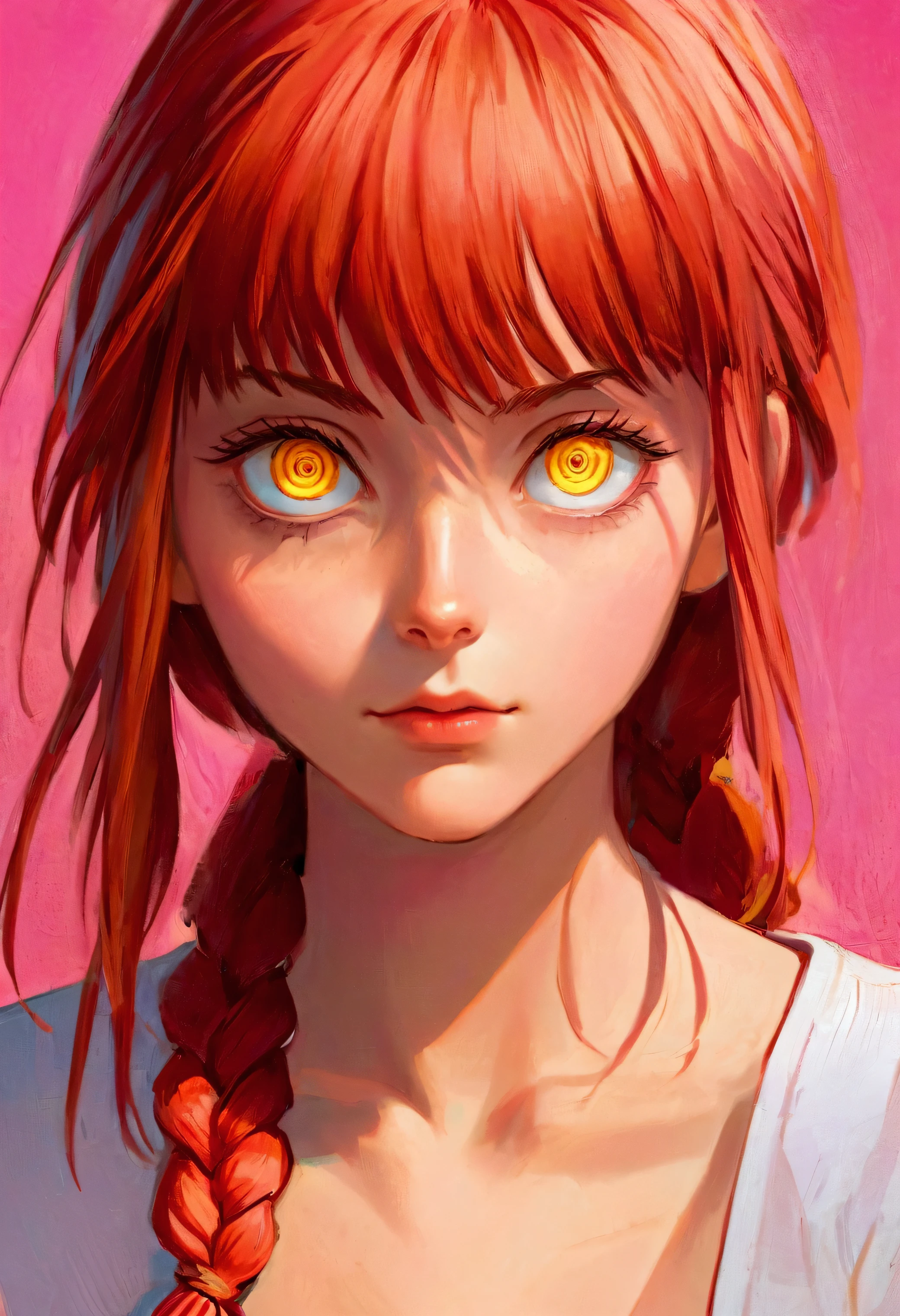 Close-up of a beautiful girl 20 years old ,Correct facial features ,detailed with long red hair and pink background, one long braid, Makim, Chainsaw Man, yellow eyes, Rossdraws pastel bright, Rossdraws cartoon bright, Beeple and Jeremiah Ketner, digital art style, beautiful anime style, synthwave colors!!, Rossries 1. 0, Rossries 2. 0, amazing art style, Great digital art with details
