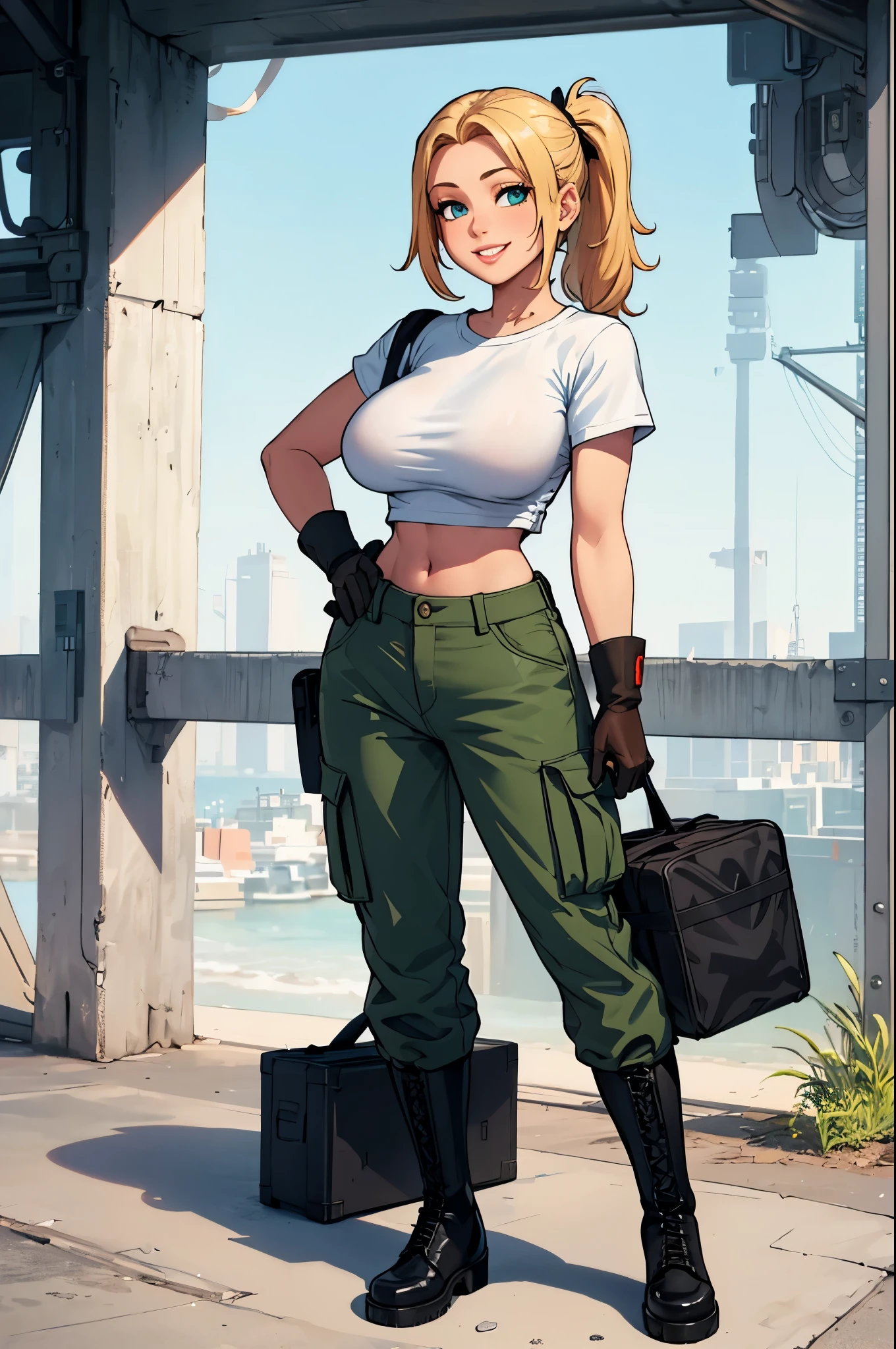 green solid background, 1 woman, best quality, ultra high res, long hair, big full lips, blonde hair, blue anime eyes, blue military cargo pants, cropped white t-shirt, hard nipples, short sleeves, abs,  smiling at viewers, wearing brown gloves, wearing black combat boots, double D breast, standing, full body