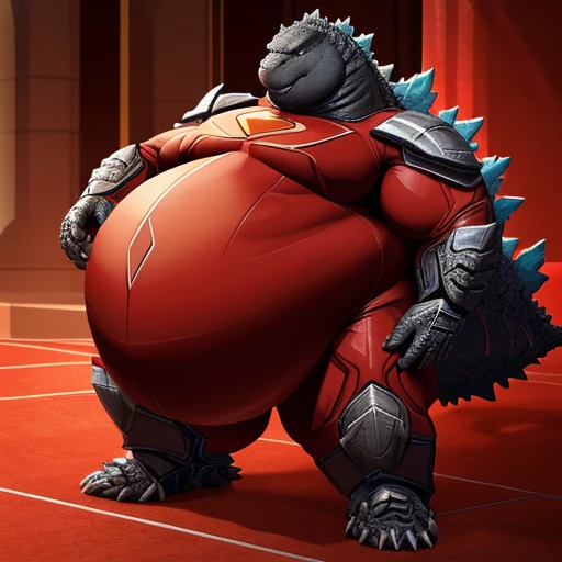 (solo:1.3) fat muscular (godzilla:1.3), (elegant red superhero suit:1.5) (armored suit:1.6), (obese belly:1.5), (legs spread:1.5), (bedroom:1.5) (standing on floor:1.4), 8k, 1080P, masterpiece