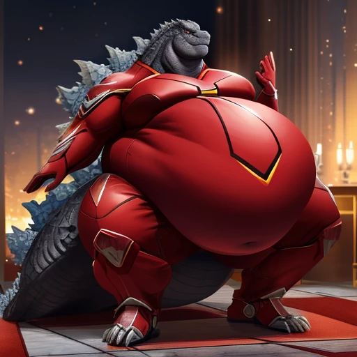 (solo:1.3) fat muscular (godzilla:1.3), (elegant red superhero suit:1.5) (armored suit:1.6), (obese belly:1.5), (legs spread:1.5), (bedroom:1.5) (standing on floor:1.4), 8k, 1080P, masterpiece