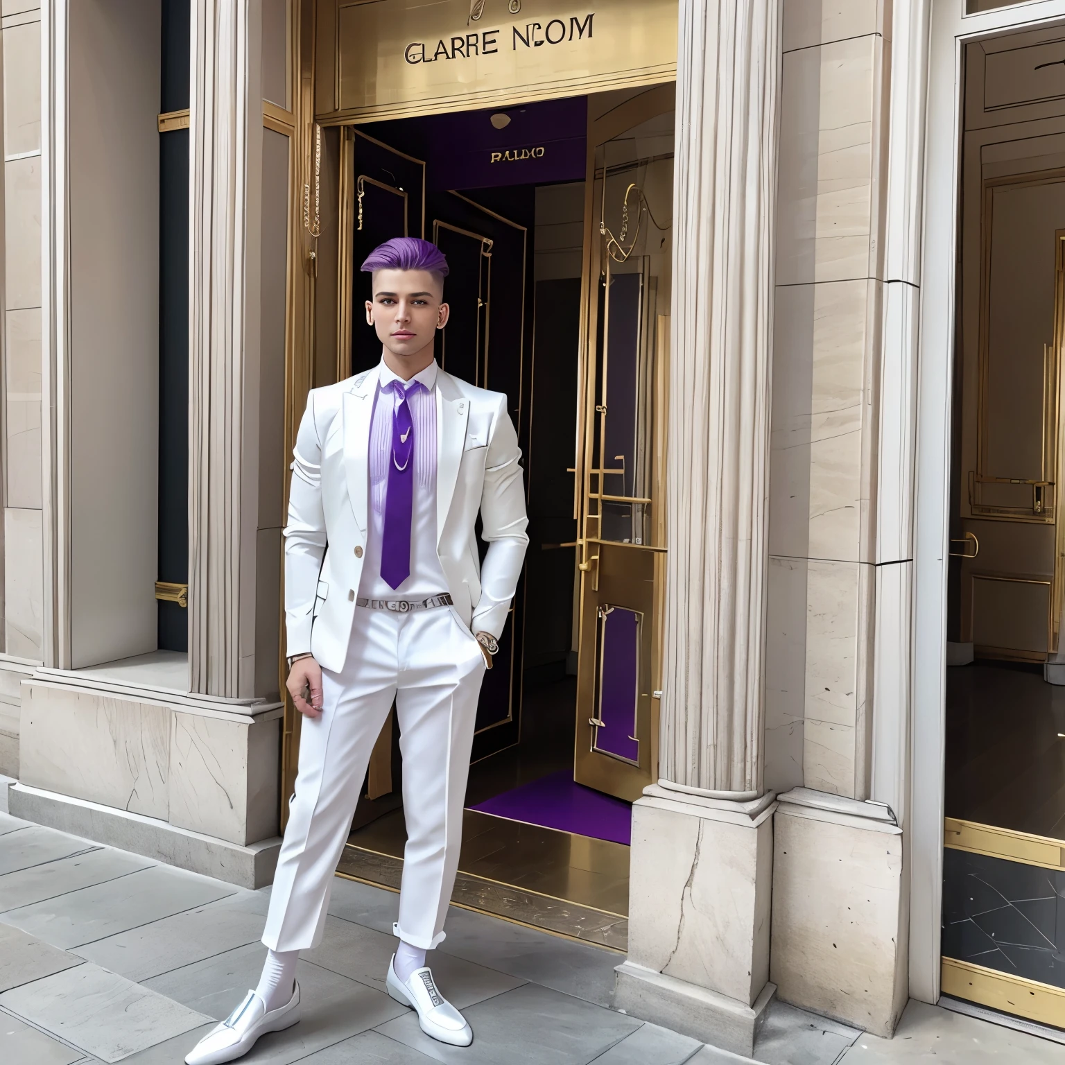 full view full body, a young handsome arrrogant white model guy with curly blond hair with undercut haircut, many silver rings, bracelets, necklaces, pink visible jewelery nose nostril piercings, wearing white long sleeve button up shirt, white blazer with purple trim, white yellow necktie, purple slacks, white Gucci chunky loafers and white sheer socks, posing standing front of Opéra Garnier in Paris, loafers and socks must be seen. 