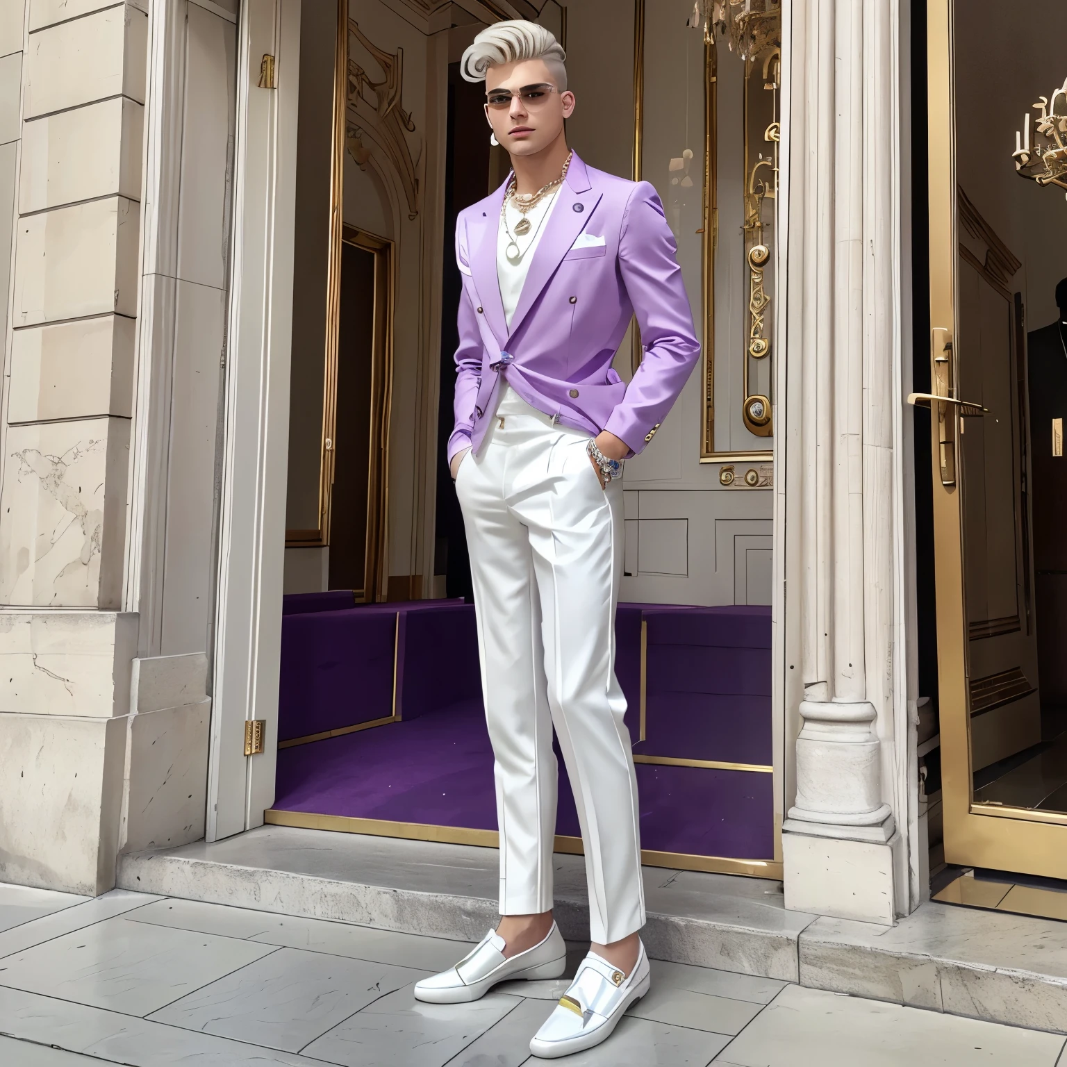 full view full body, a young handsome arrrogant white model guy with curly blond hair with undercut haircut, many silver rings, bracelets, necklaces, pink visible jewelery nose nostril piercings, wearing white long sleeve button up shirt, white blazer with purple trim, white yellow necktie, purple slacks, white Gucci chunky loafers and white sheer socks, posing standing front of Opéra Garnier in Paris, loafers and socks must be seen. 