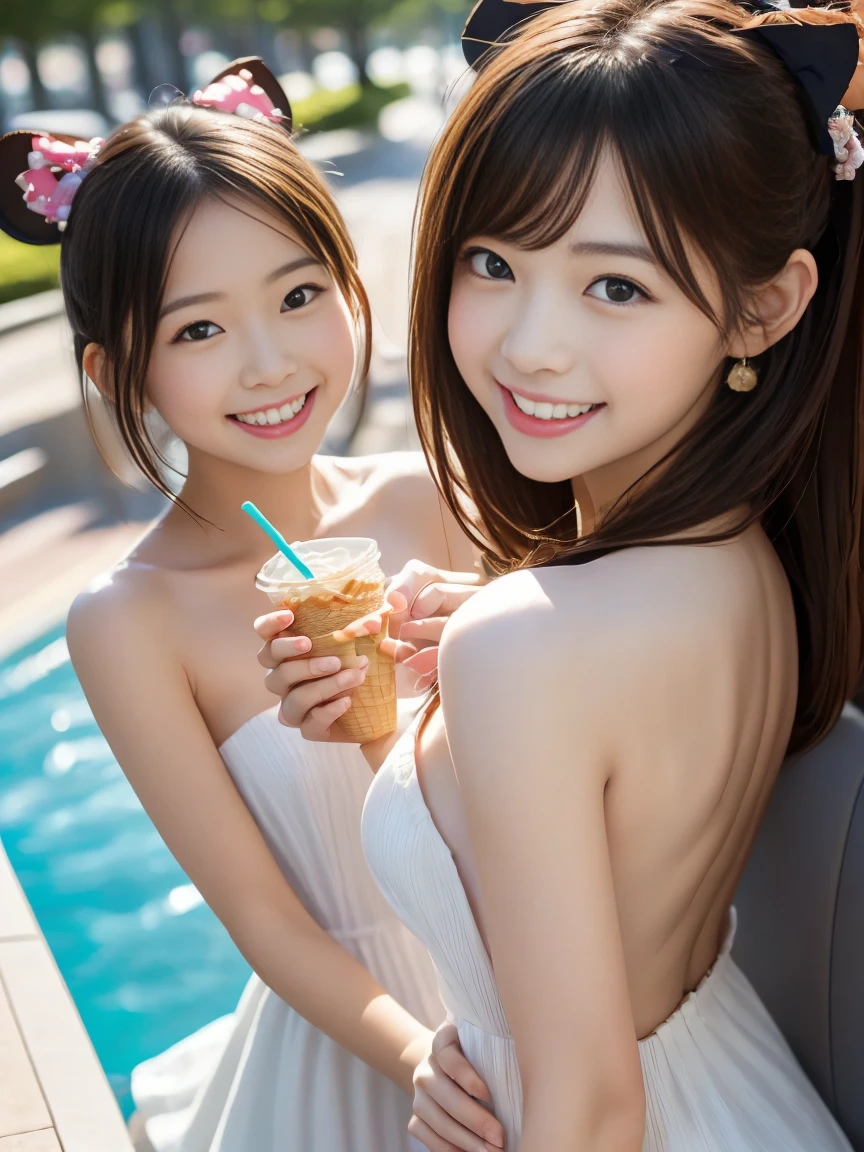 (raw photo:1.2), (photorealistic:1.4), beautiful detailed girl, very detailed eyes and face and body,Two japanese girls,lily、Swimwear、（Two people licking one ice cream together).Young face、 body、Gazing at each other、close your eyes、Soaking wet with sweat
