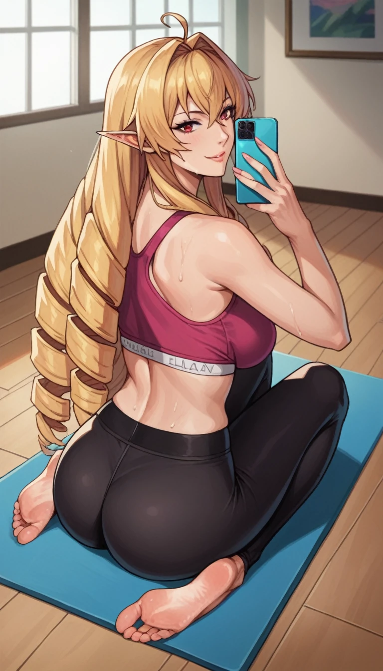 score_9, score_8_up, score_7_up, source_anime, elinalisedragonroad, 1girl, mature female, elinalise dragonroad, long hair, blonde hair, very long hair, ahoge, pointy ears, drill hair, red eyes, naughty smile, sports bra, yoga leggings, indoors, modeling pose, cellphone, taking selfie, sweating, realistic, ass, feet